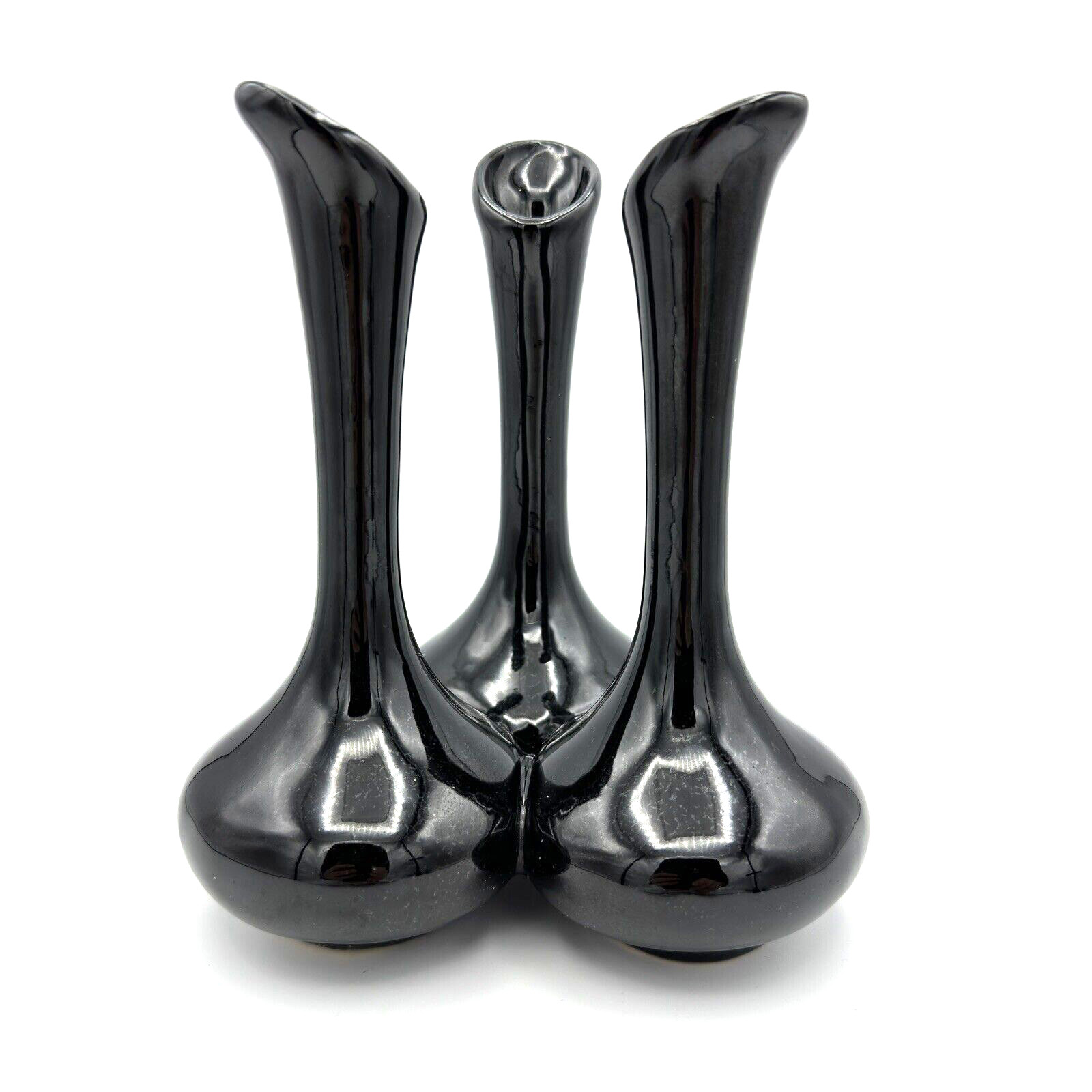 VAN BRIGGLE triple bud vase – 7″ glossy black 3-stem flower MCM studio pottery