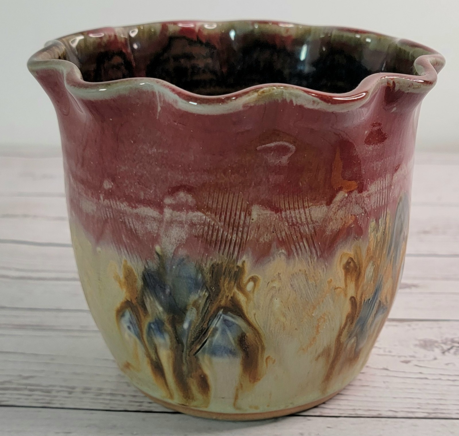 Studio Pottery Planter Red Drip Glaze Scalloped Signed 4.75in VTG