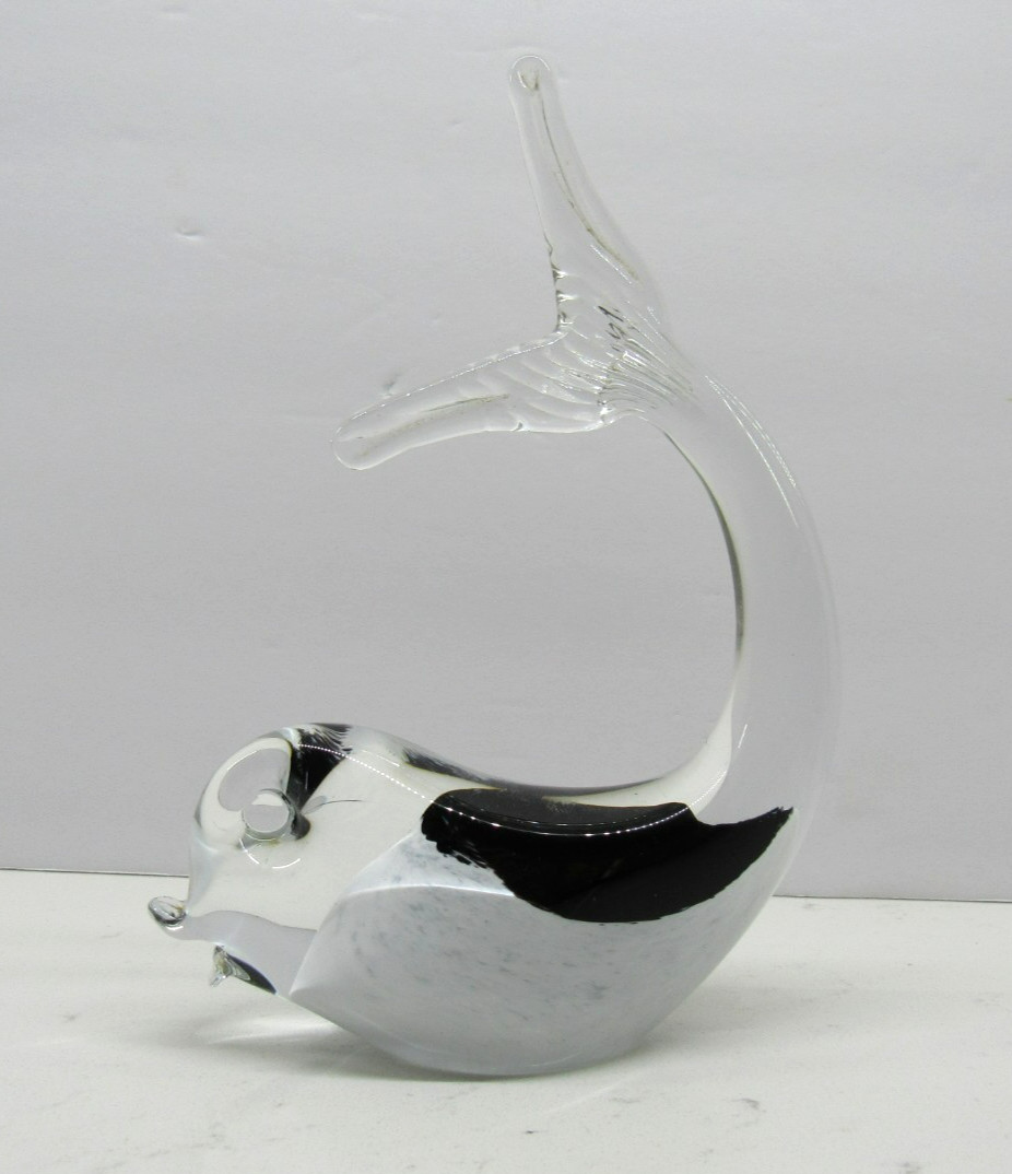 VTG. Murano Glass Dolphin Standing Tail Up Clear, Black , White Figurine 6 3/4″