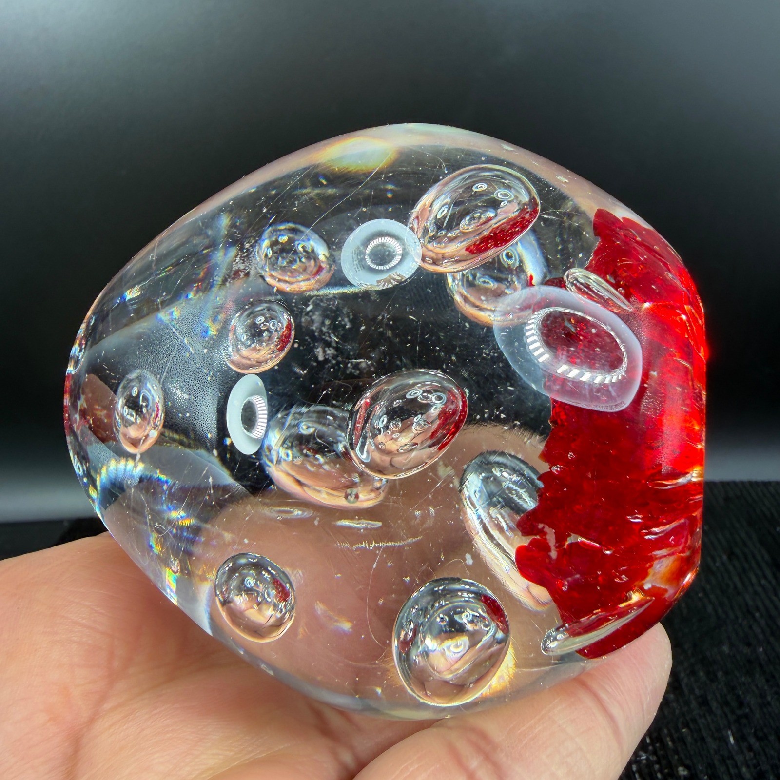 Art Glass Paperweight Egg Controlled Bubble Red Fritted Base 3 Inch Desk Decor