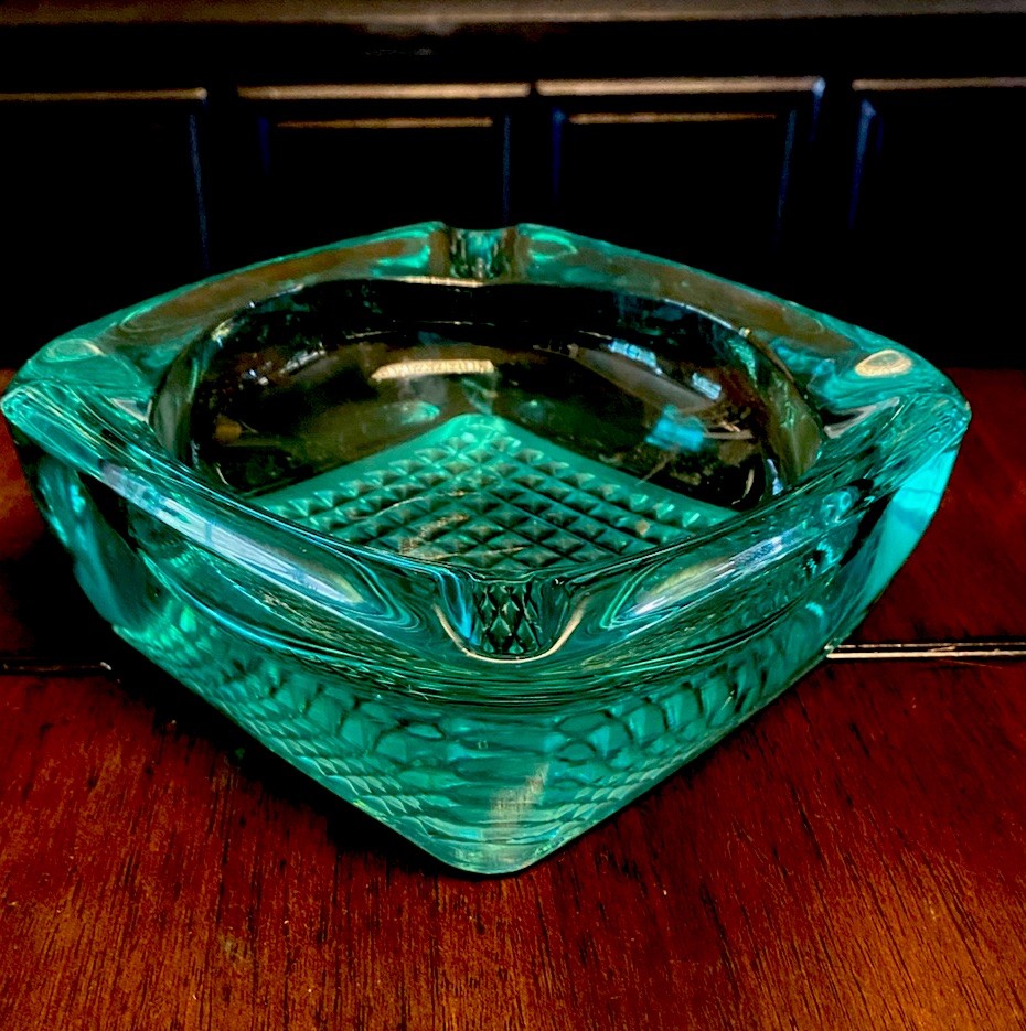 MCM Bohemian Czeh Large Heavy Teal Blue Art Glass Ashtray by Rudolf Jurnikl