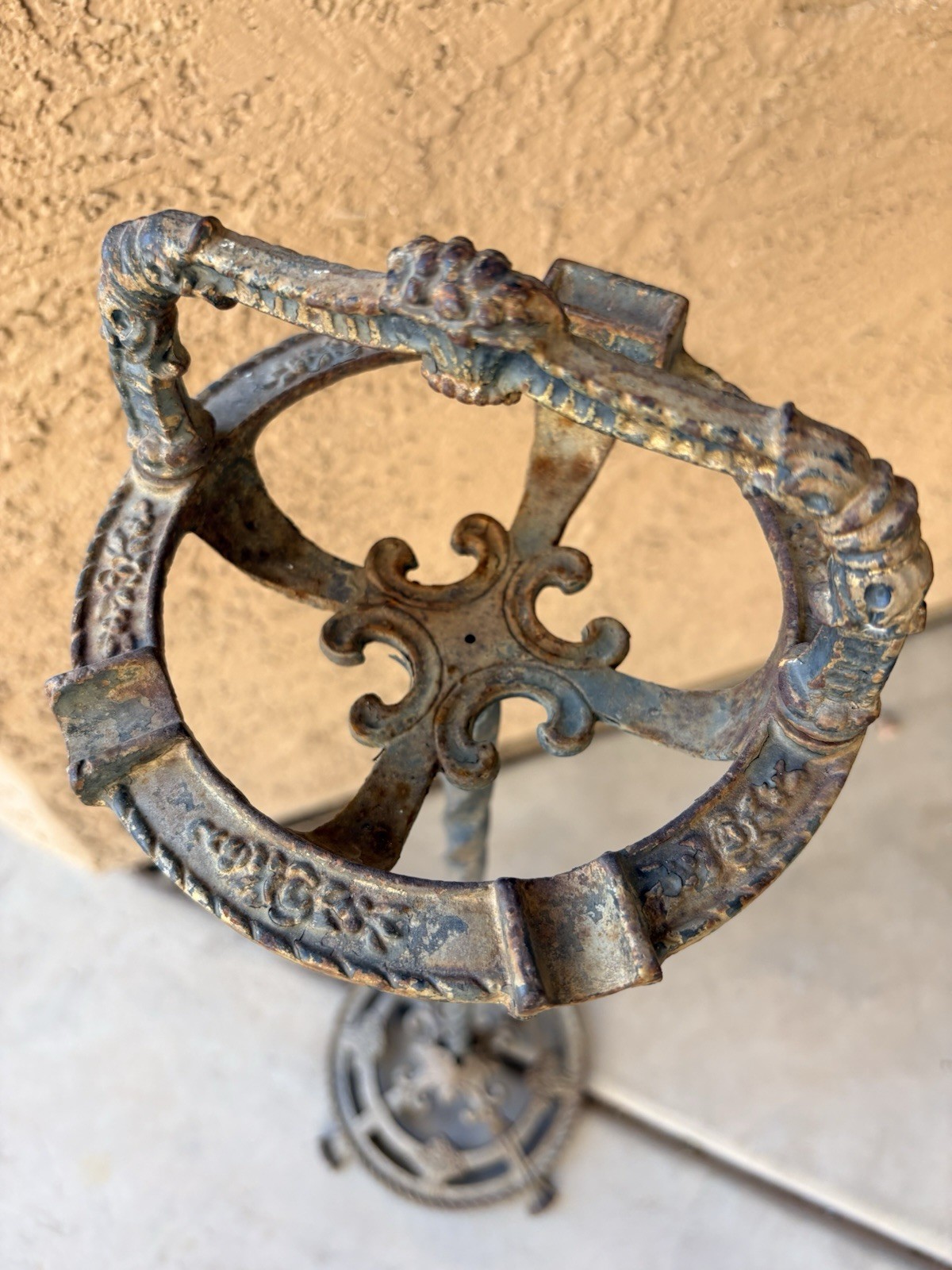 GORGEOUS Vintage ORNATE Art Nouveau Ashtray Stand Cast Iron Blue Glass Flowers!