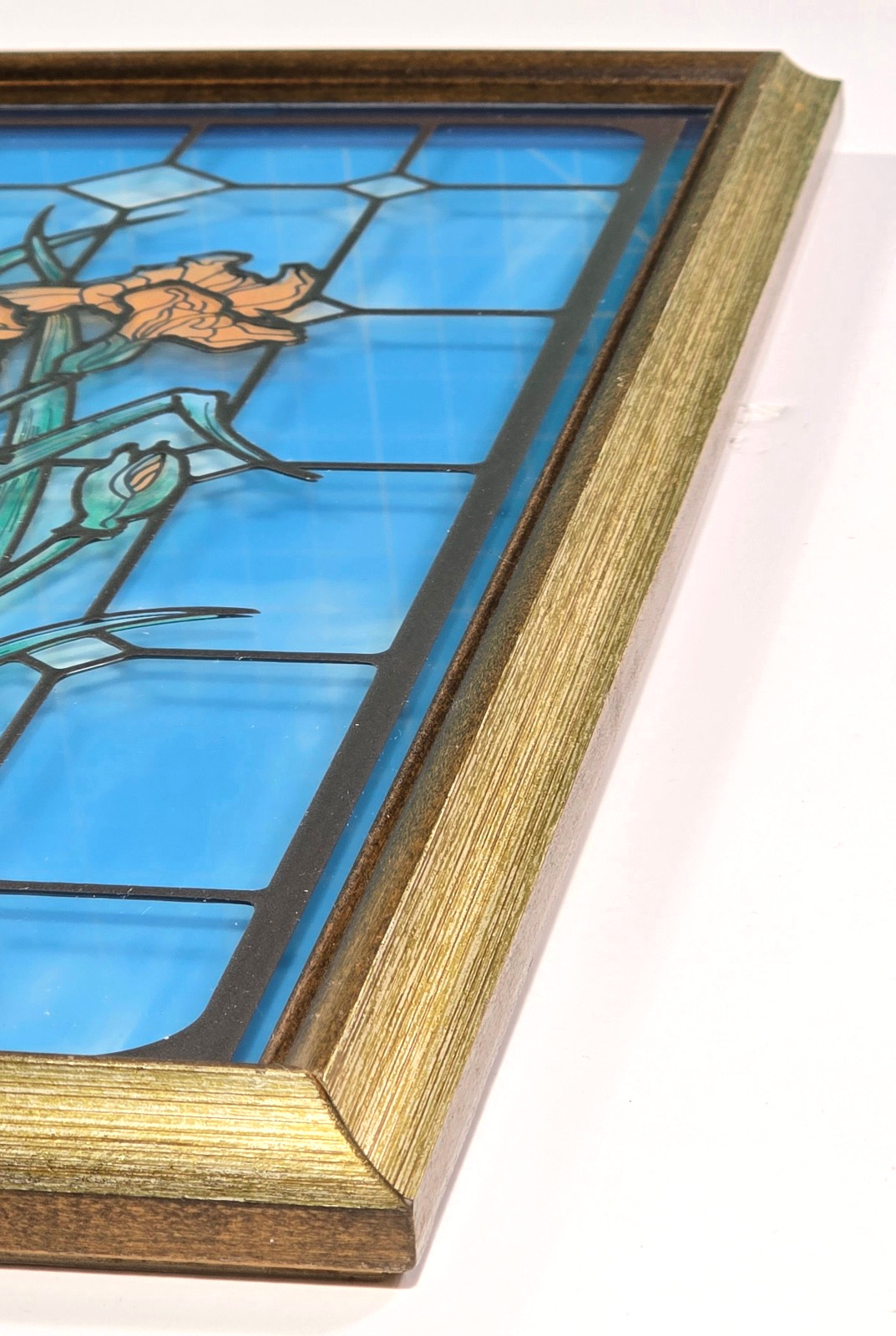 VTG 1980s Framed Floral Faux Stained Glass Iris Flowers Blue & Orange
