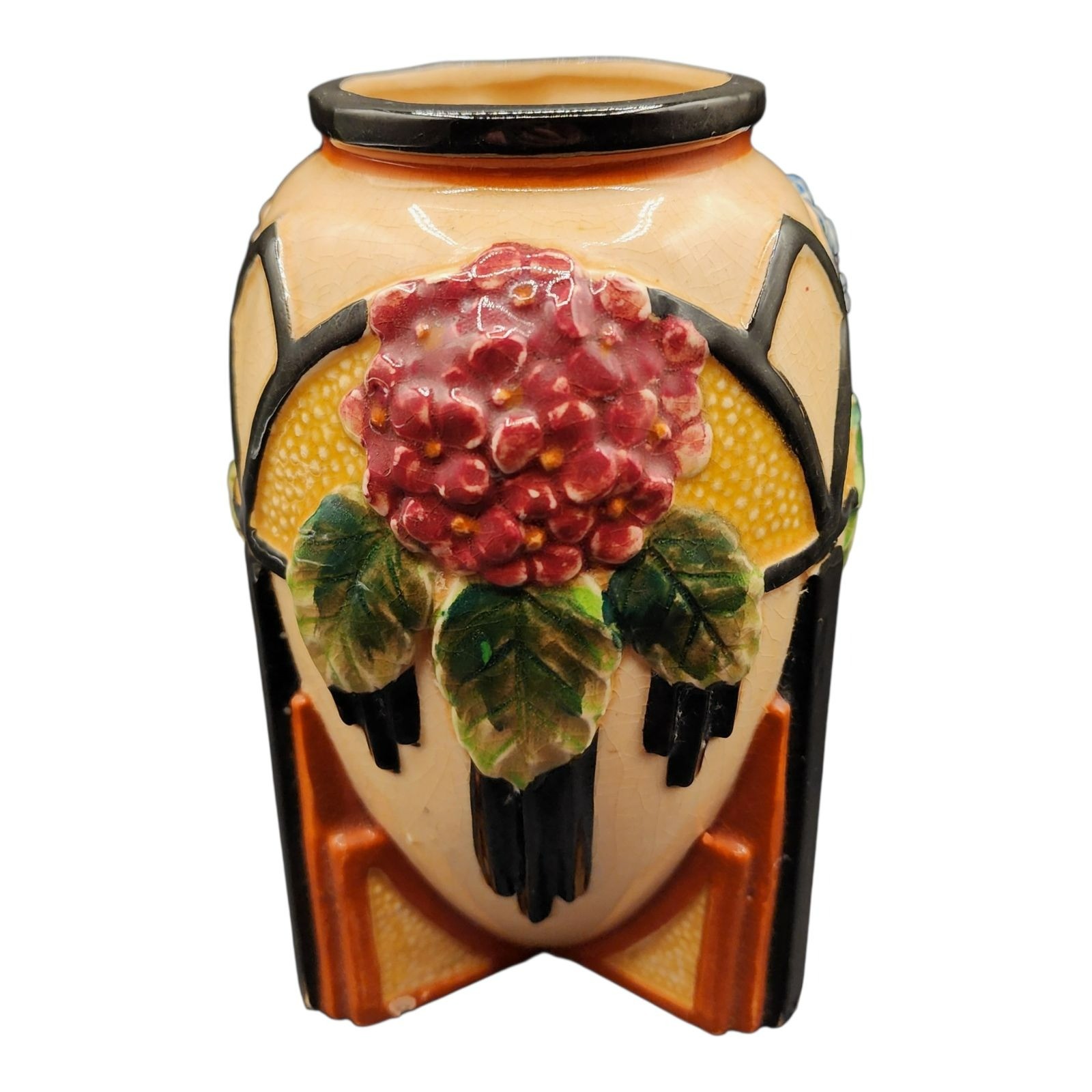 Maruhon Ware Japan Art Deco Ceramic Vase Raised Hydrangea Design 7″ Tall