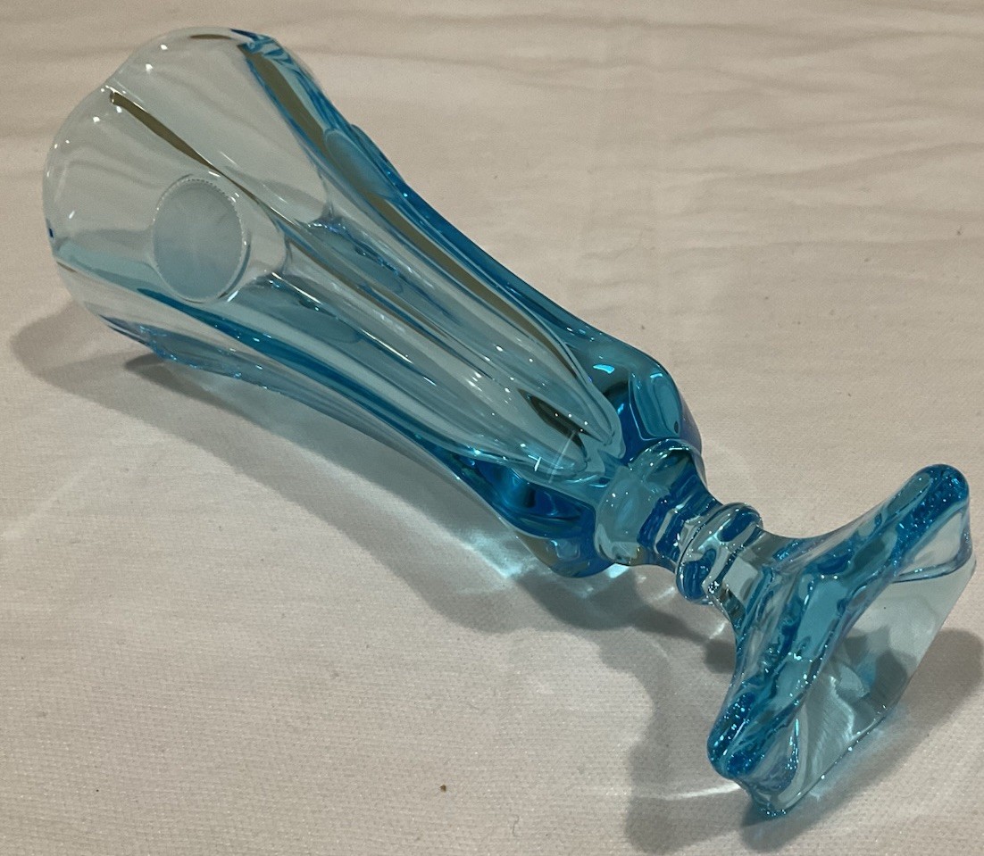 Vintage Fostoria 8” Blue Coin Glass Bud Vase, Excellent Condition!