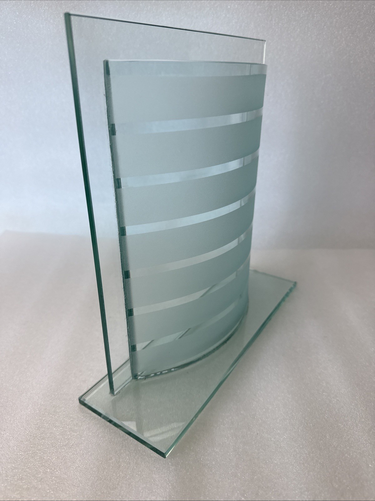 Modern Art Glass Vase or Planter Unique Bowed Etched Horizontal Stripes 9.5″x10″