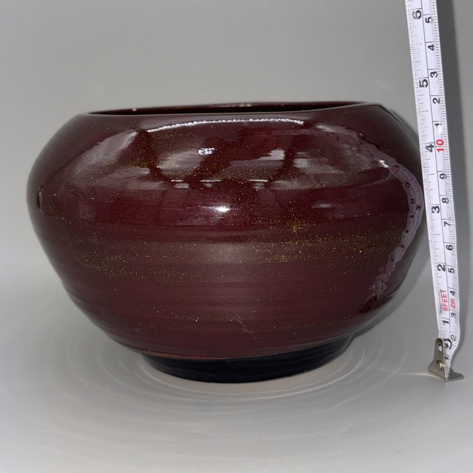 Signed Studio Art Pottery Squat Vase 2006 Maroon Gold Glitter Glaze 7″