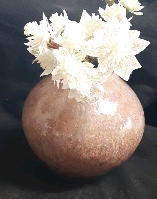 Art Pottery Crystalline Glaze Modern Vase Salmon/Golden Yellow Rim, Signed 4.5″H