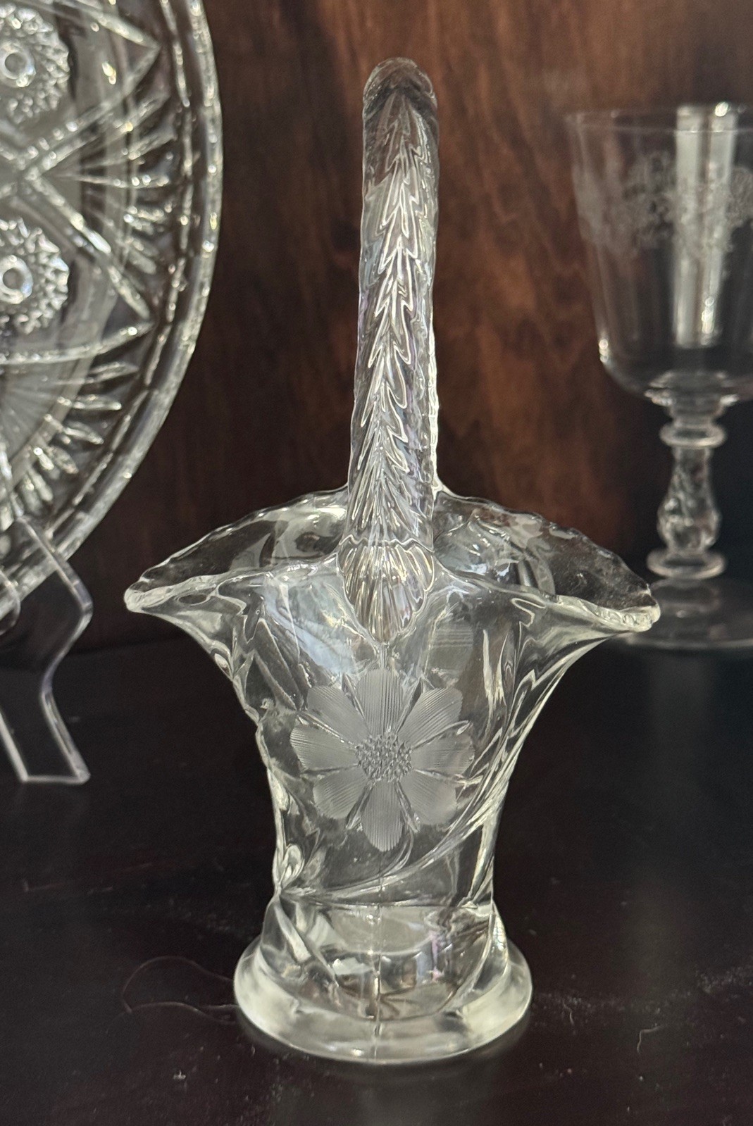 Vintage Duncan Miller Glass Basket Flower Cutting Pressed Leaves Elegant 1920’s