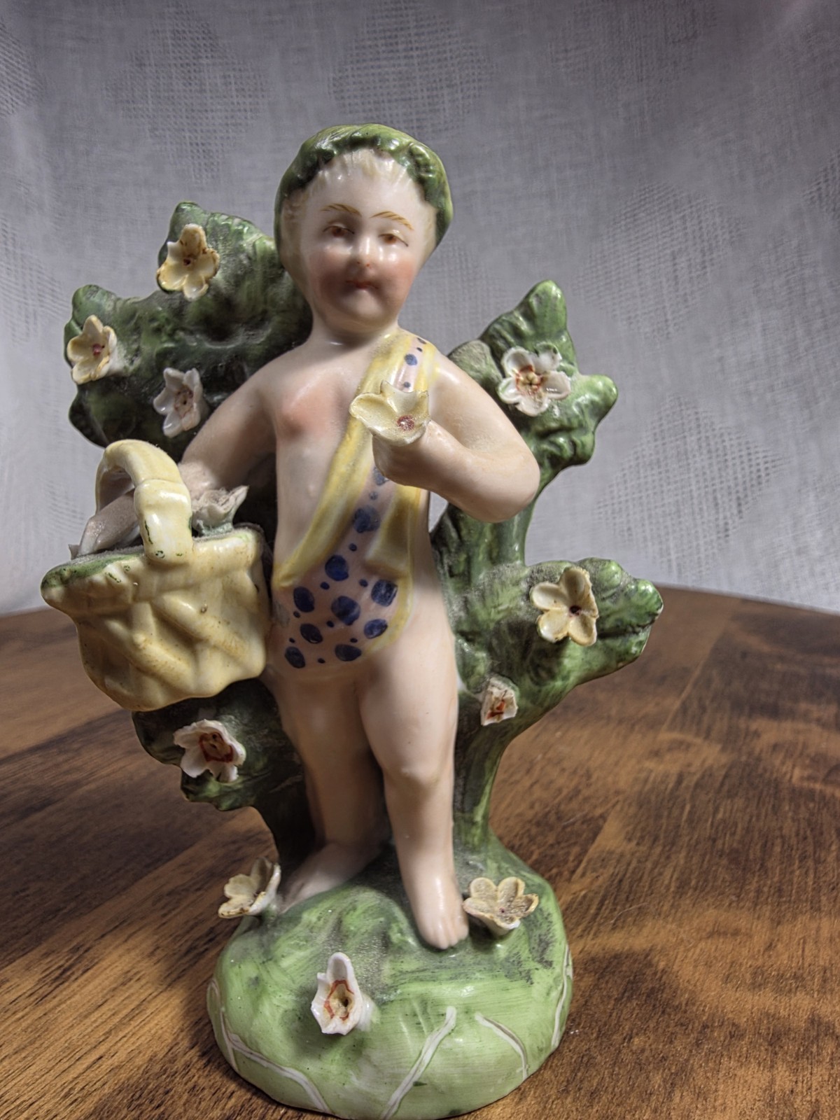 Antique German Porcelain Cherub Putto Figurine Bocage Flower Basket c1900 4.25″