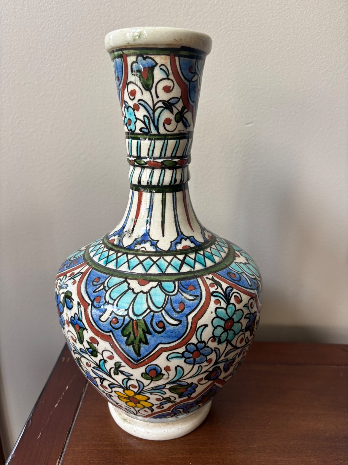 Vintage Kutahya Turkish Pottery Vase Handmade Hand Painted Blue Turquoise