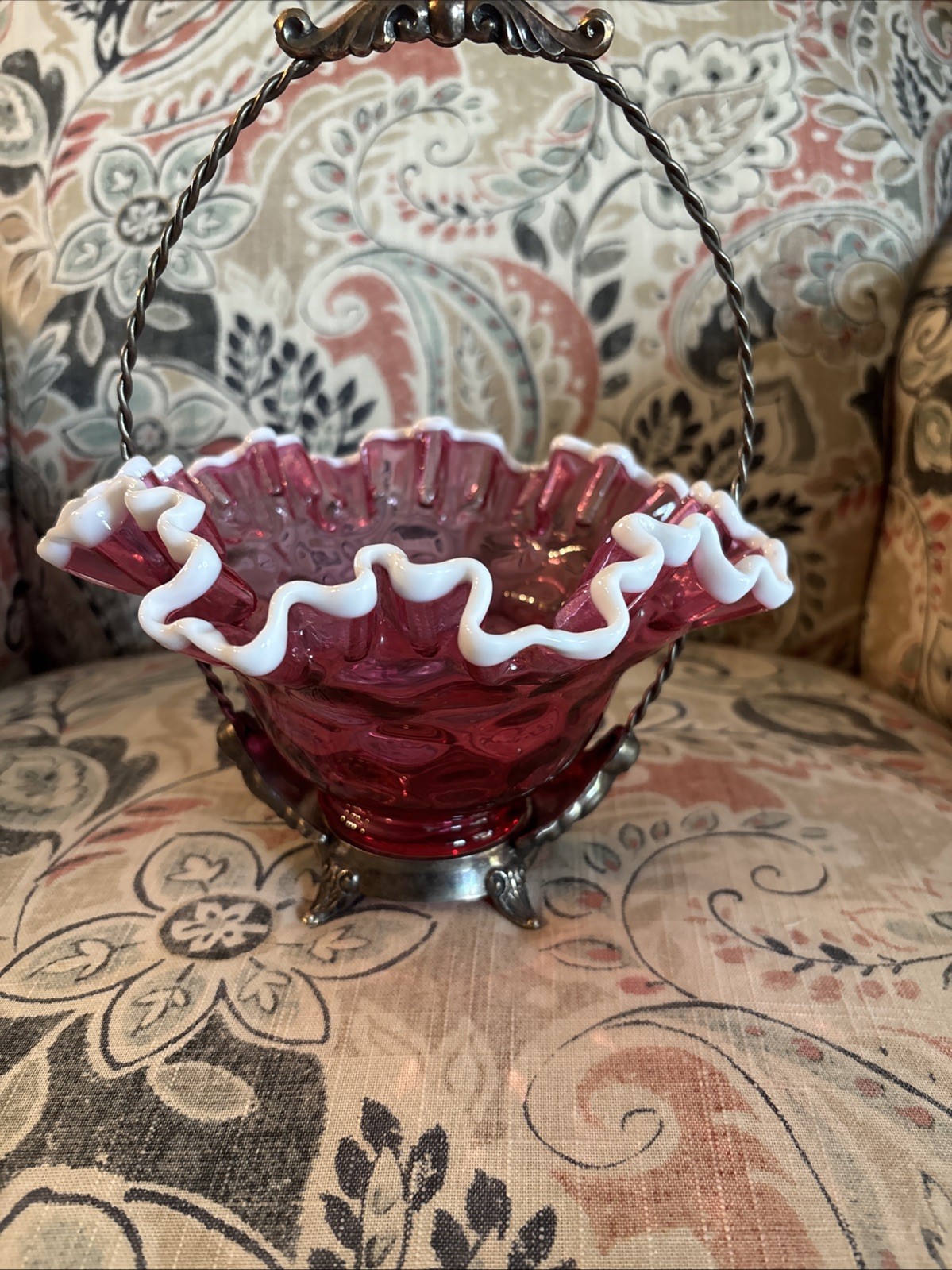 Vintage FENTON Cranberry Ruffled White-Crested Edge Brides Basket Silver Plated