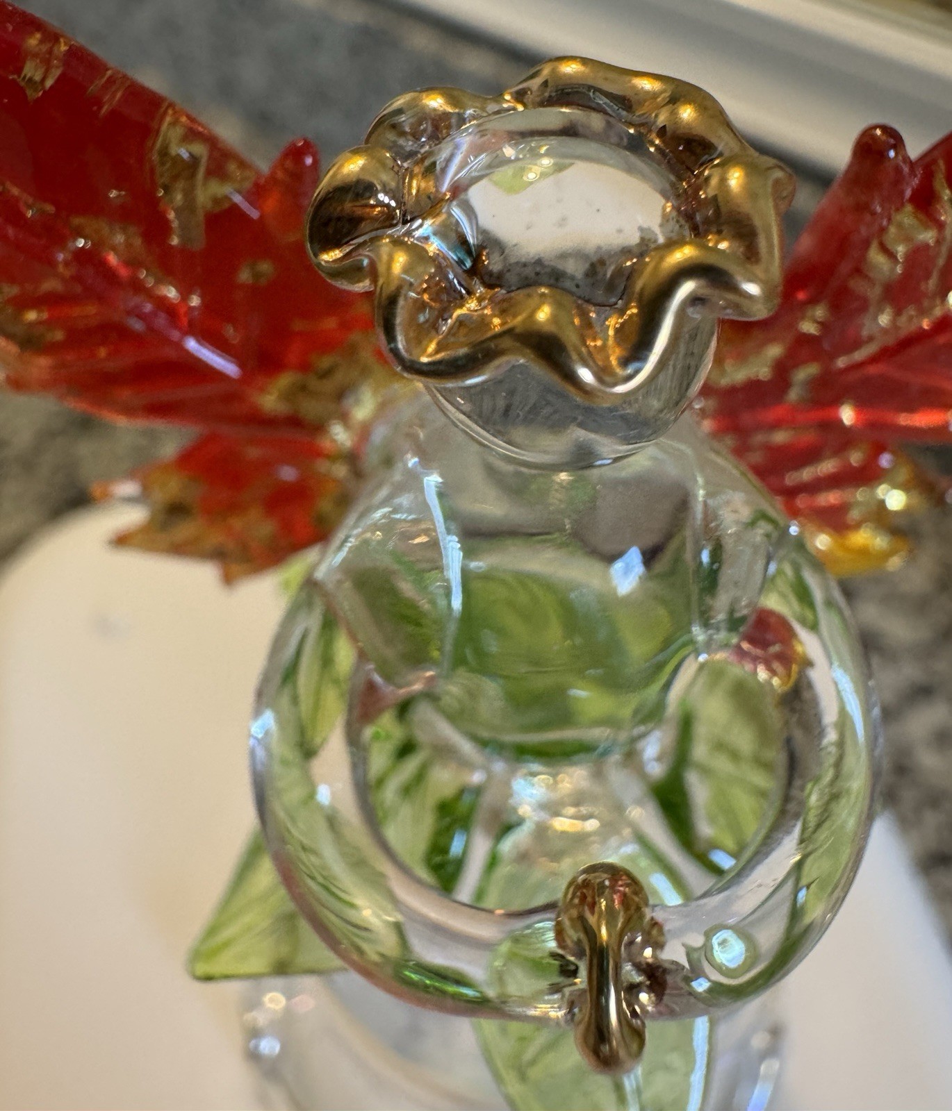 Aurora Art Glass Angel Decorative Bell Clear Red/Green, Made in China MPN 09326