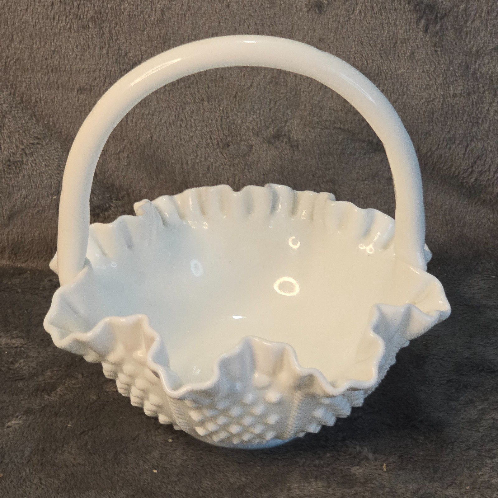 Vintage Fenton Milk Glass Hobnail Ruffled Edge Fruit Bowl Handled Basket