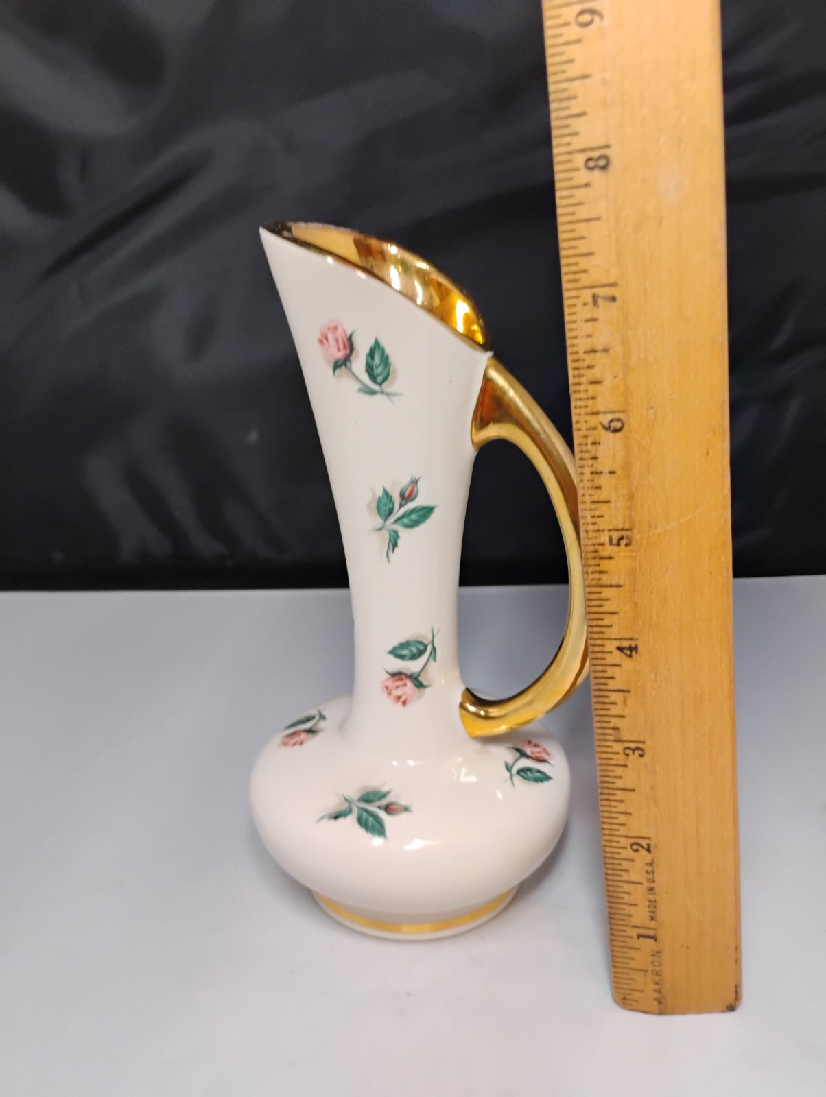 White Pink Floral Ceramic Decorative Vase with Handle Gold Leaf Vintage Decor