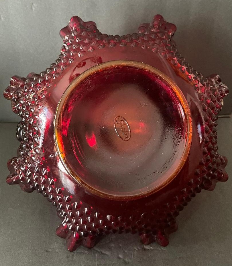 Vintage MCM Fenton Ruby Red Ruffled Hobnail glass basket