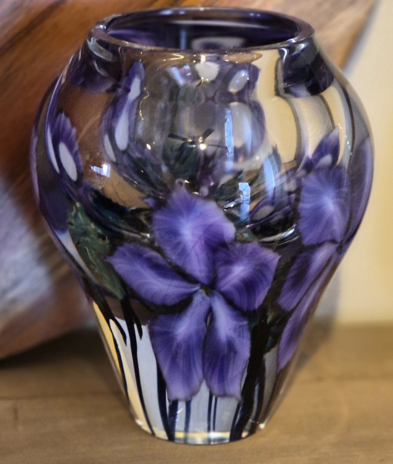 DAVID LOTTON 2001 VNTG PURPLE FLOWER HANDBLOWN GLASS ART VASE