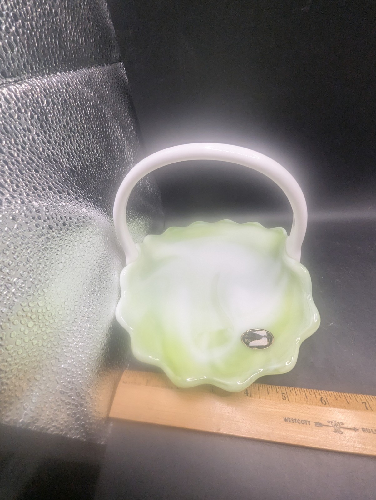 VINTAGE KANAWHA GREEN & WHITE MARBLED SLAG GLASS BASKET WITH HOBNAIL BASE