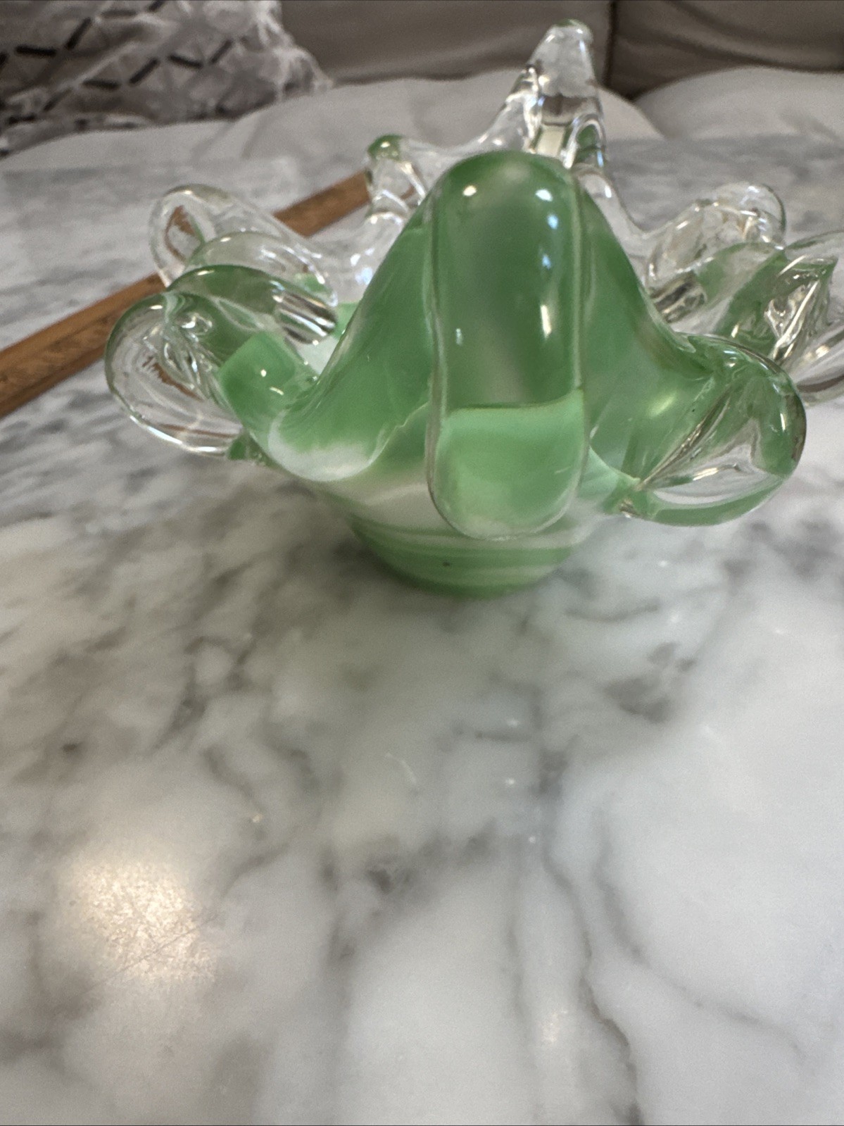 Vtg Murano Italy Art Glass Bowl Ashtray Green Ruffled MCM old Home Table Decor