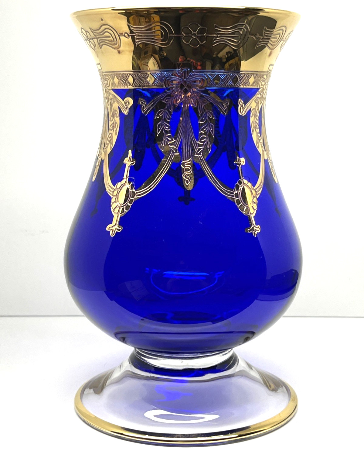 Ornate Italian Centerpiece Vase Sapphire Electric Blue Glass W/Gold Lrg 9″ Vtg