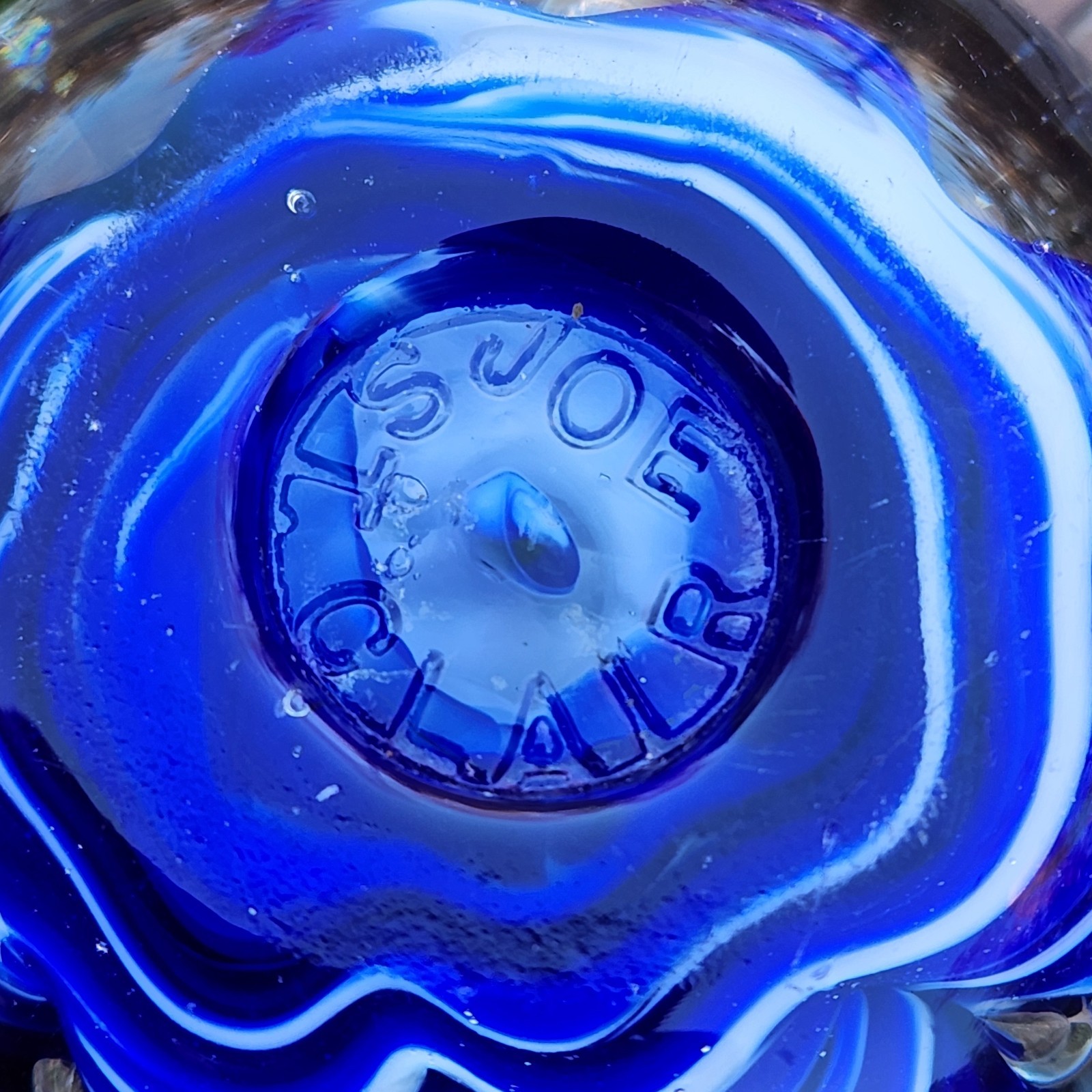 Art Glass Paperweight Signed Joe St Claire Dark Blue Ribbon Crimp Control Bubble