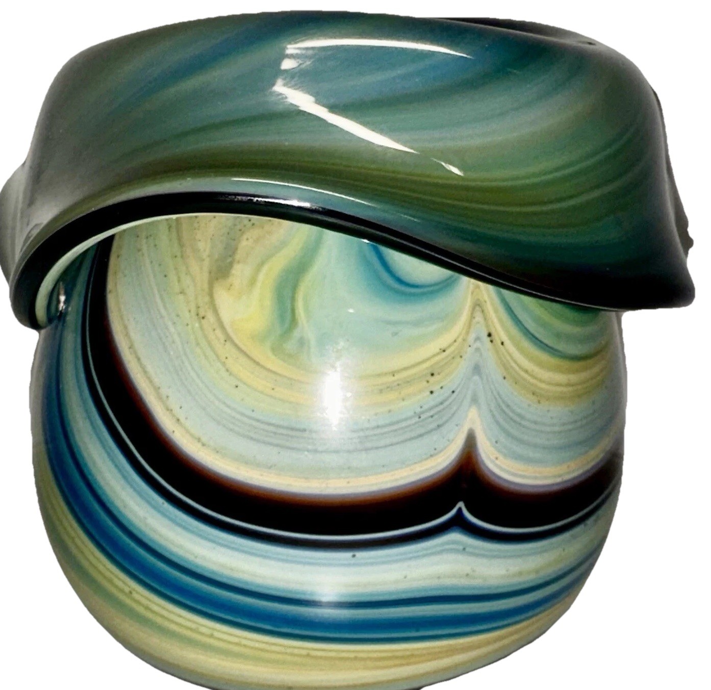 Vintage El Enany Egypt Art Glass Vase Hand Blown Blue Green Swirl Ruffled