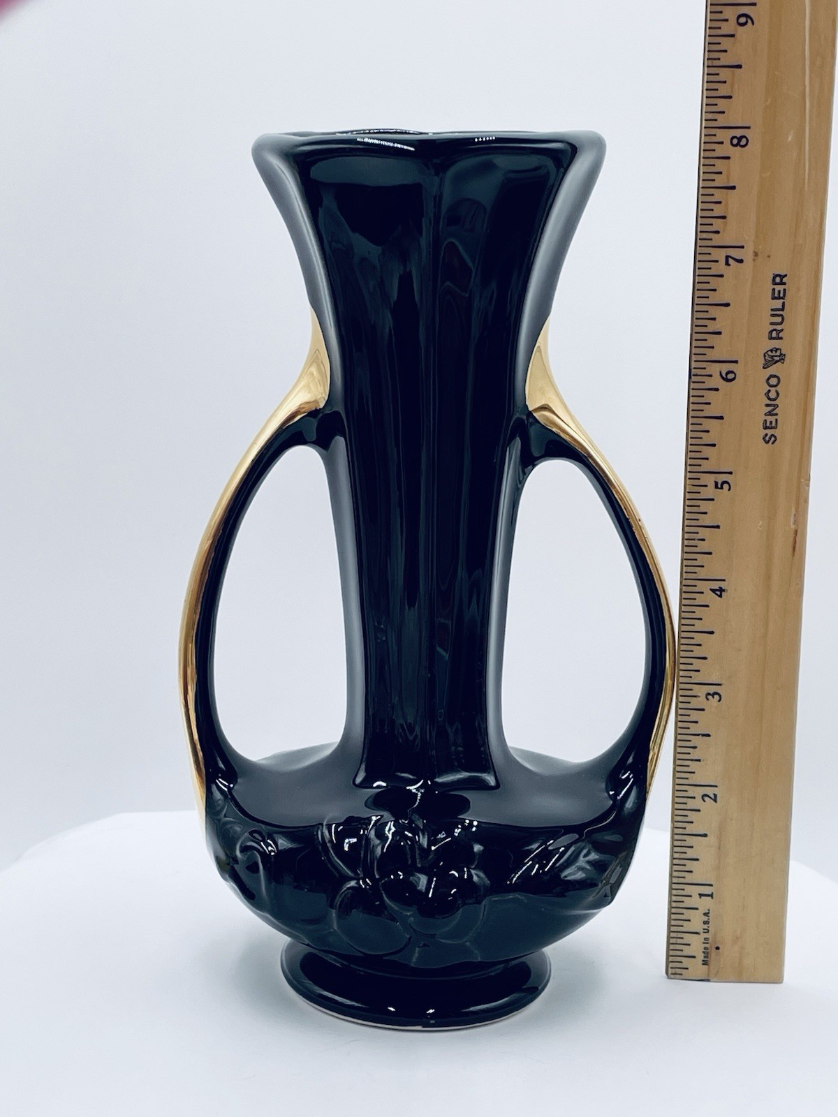 VTG Glossy Black Gold Double Handle Urn Vase Raised 3D Rose Octagon Deco MCM 8″