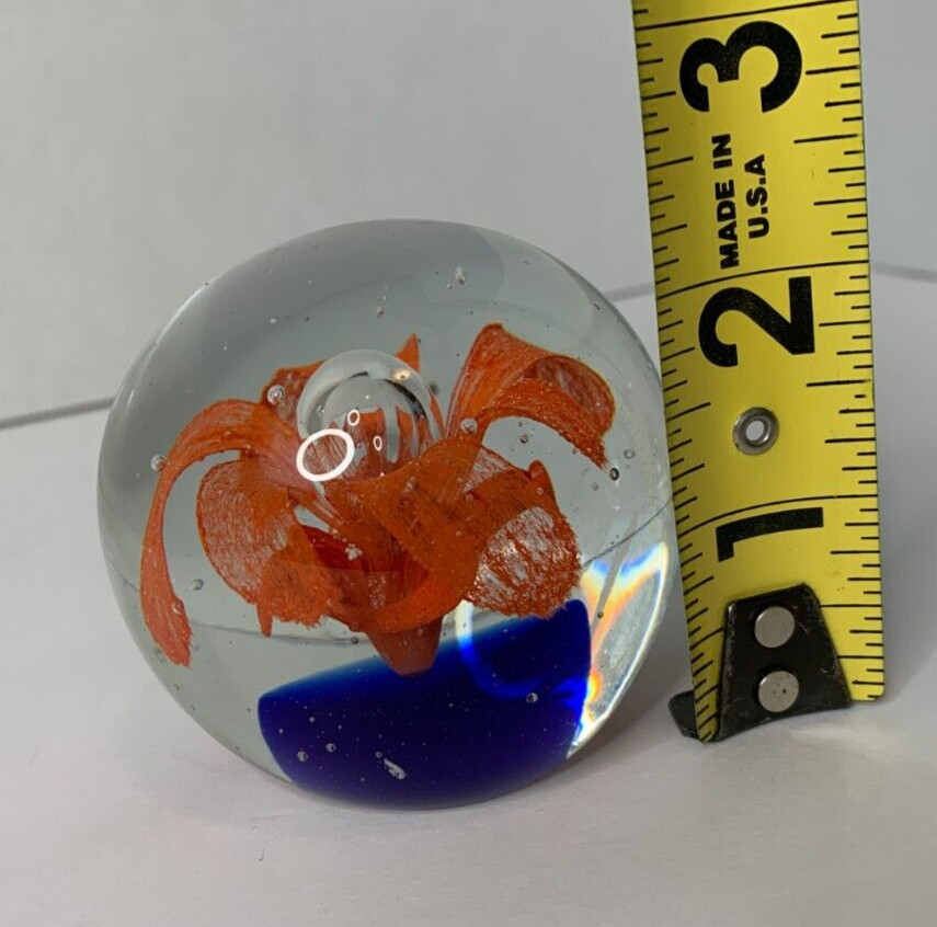 Art Glass Paperweight Orange Lily Flower Bubble Center Sphere Blue Base 2.5″