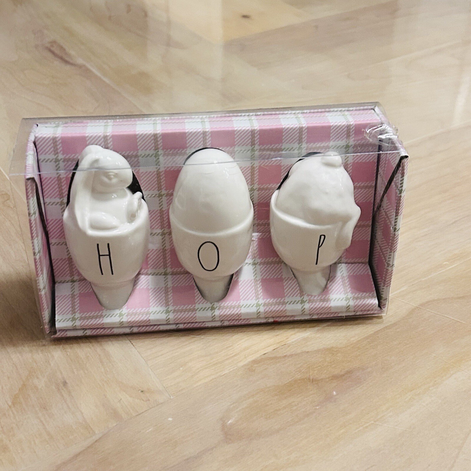 RAE DUNN SET OF 3 “HOP” WHITE CERAMIC BUNNY EGG CUPS New