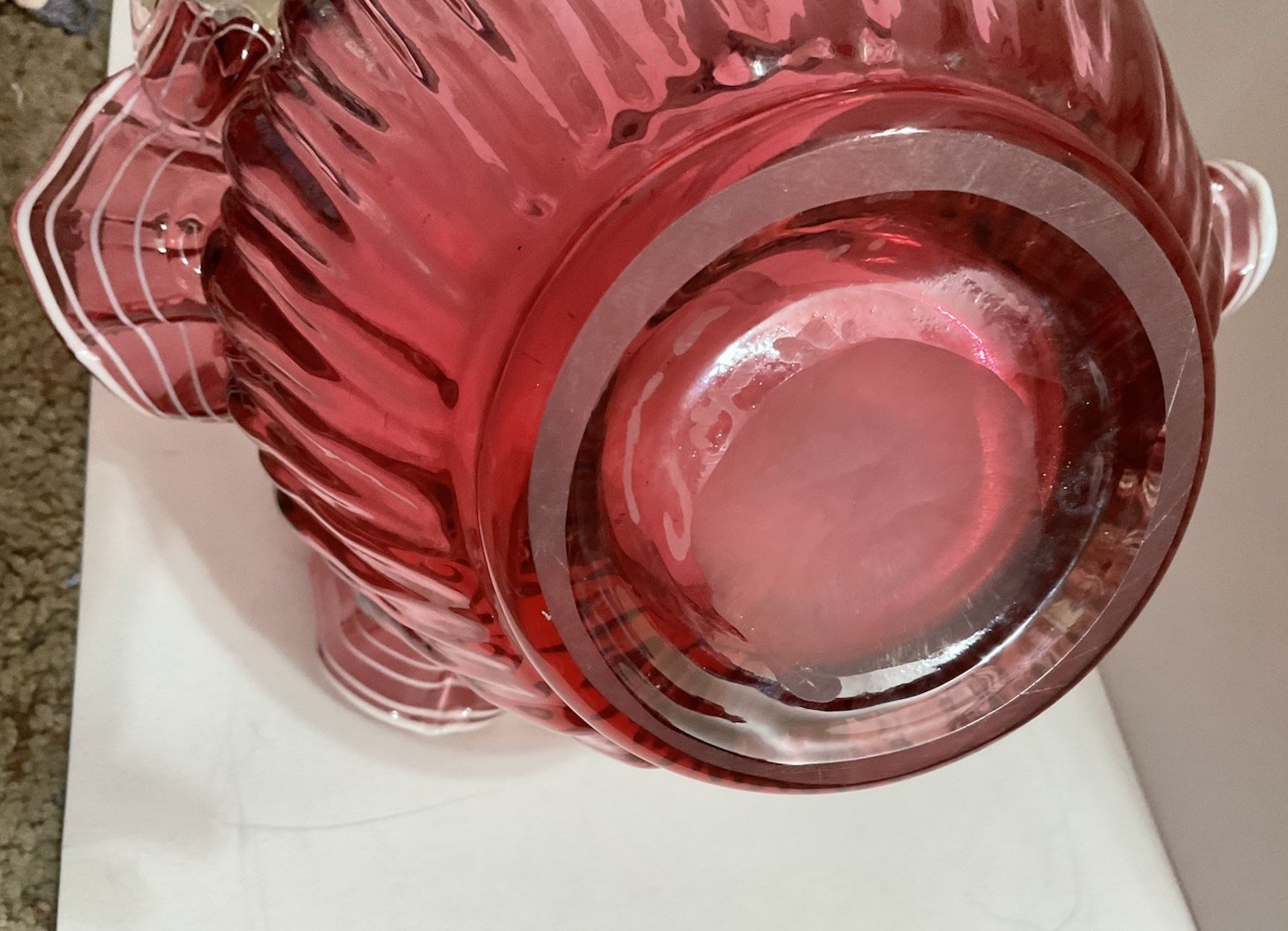 Fenton Cranberry Glass Overlay Ruffled Basket with Handle 1950 Ribbed Art Glass