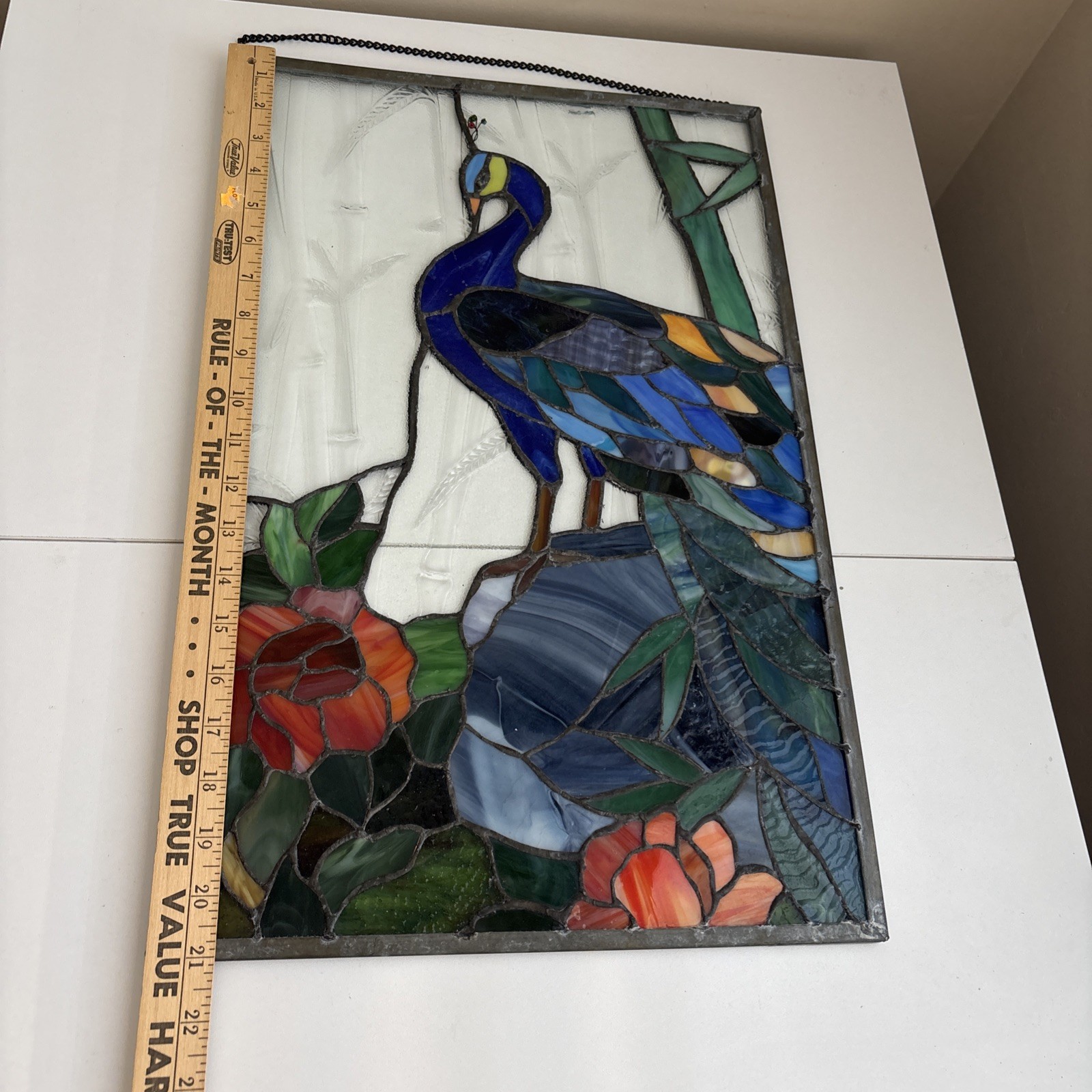 21″ x 13.5″ stained glass peacock flower bamboo window panel glass panel Framed
