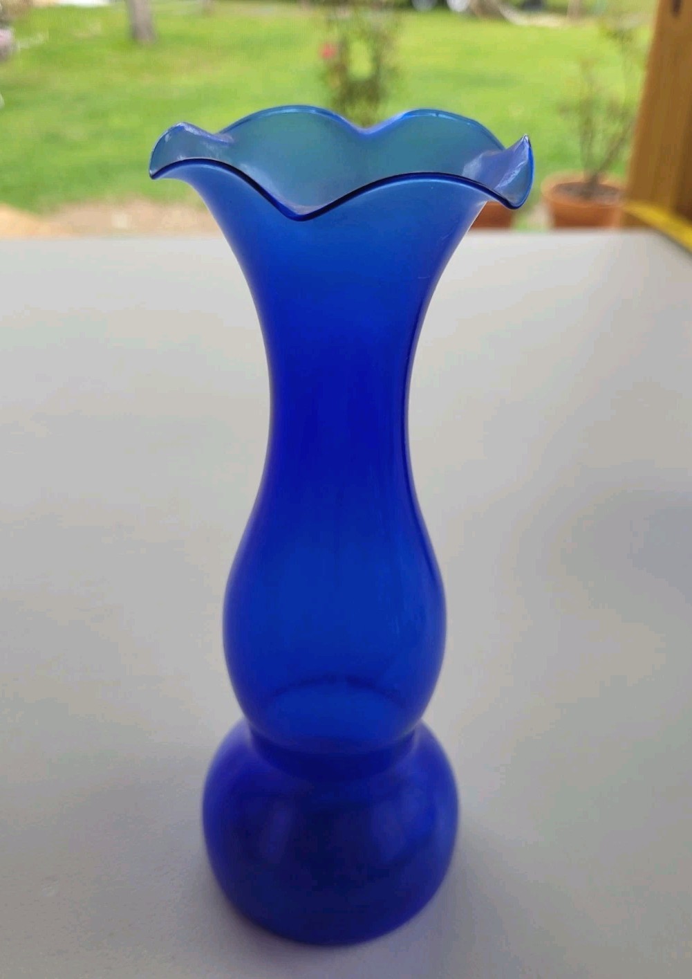Vintage Cobalt Blue Blown Glass Bud Vase Ruffled Fluted Top Mid 20th Century