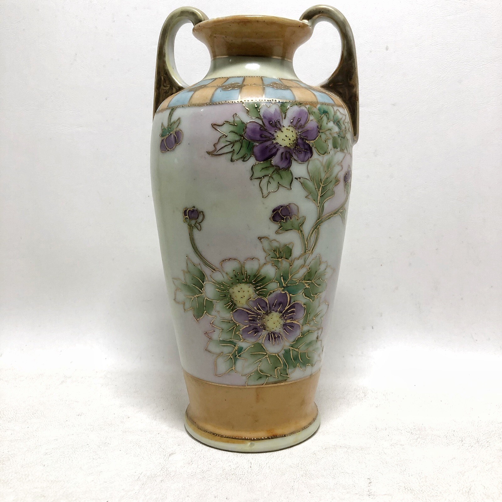Antique Nippon Hand Painted Vase Double Handle Japan 9.5 Inches