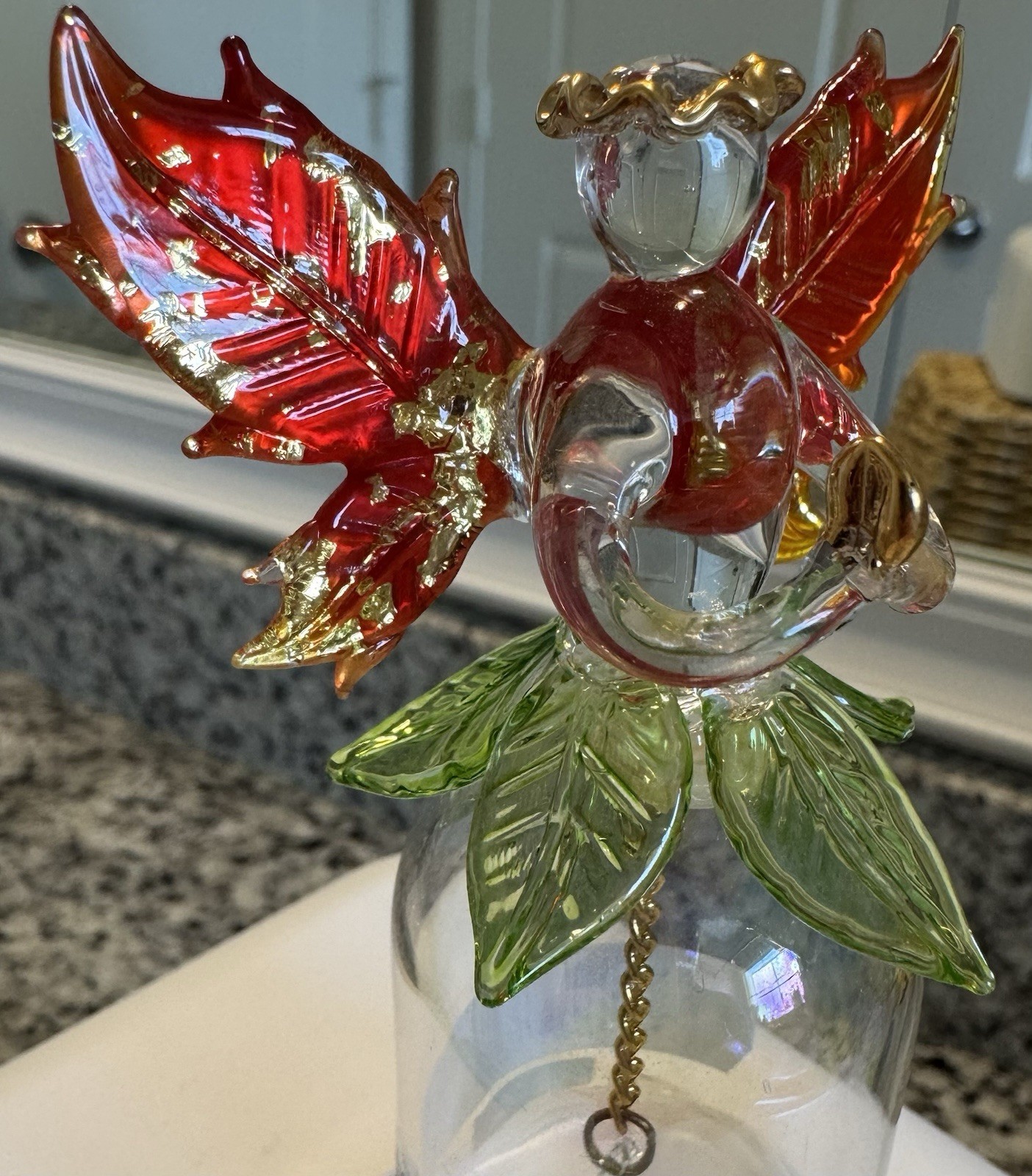 Aurora Art Glass Angel Decorative Bell Clear Red/Green, Made in China MPN 09326