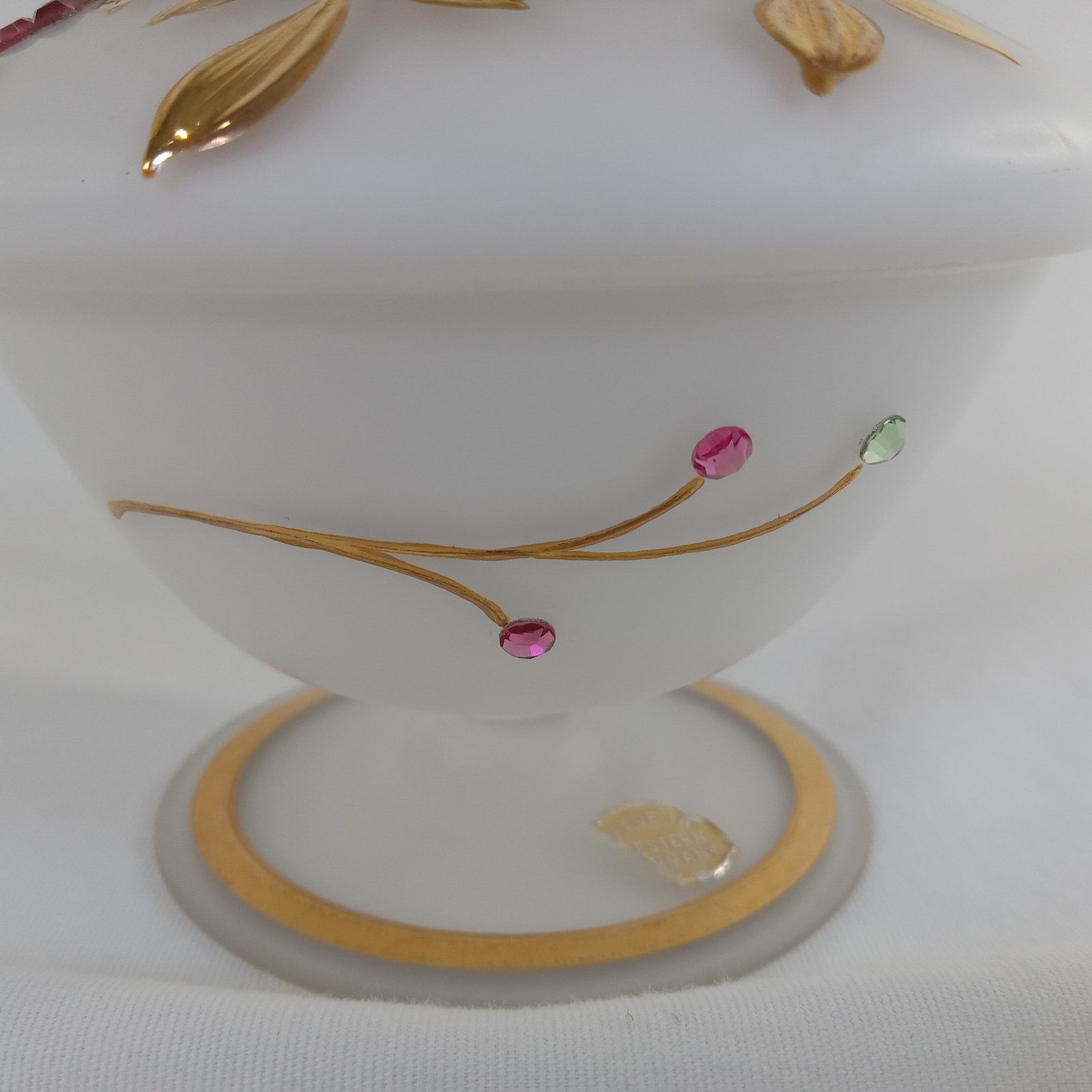 West Germany White Satin Glass Covered Trinket Box Dish Gold Gilt Rhinestones