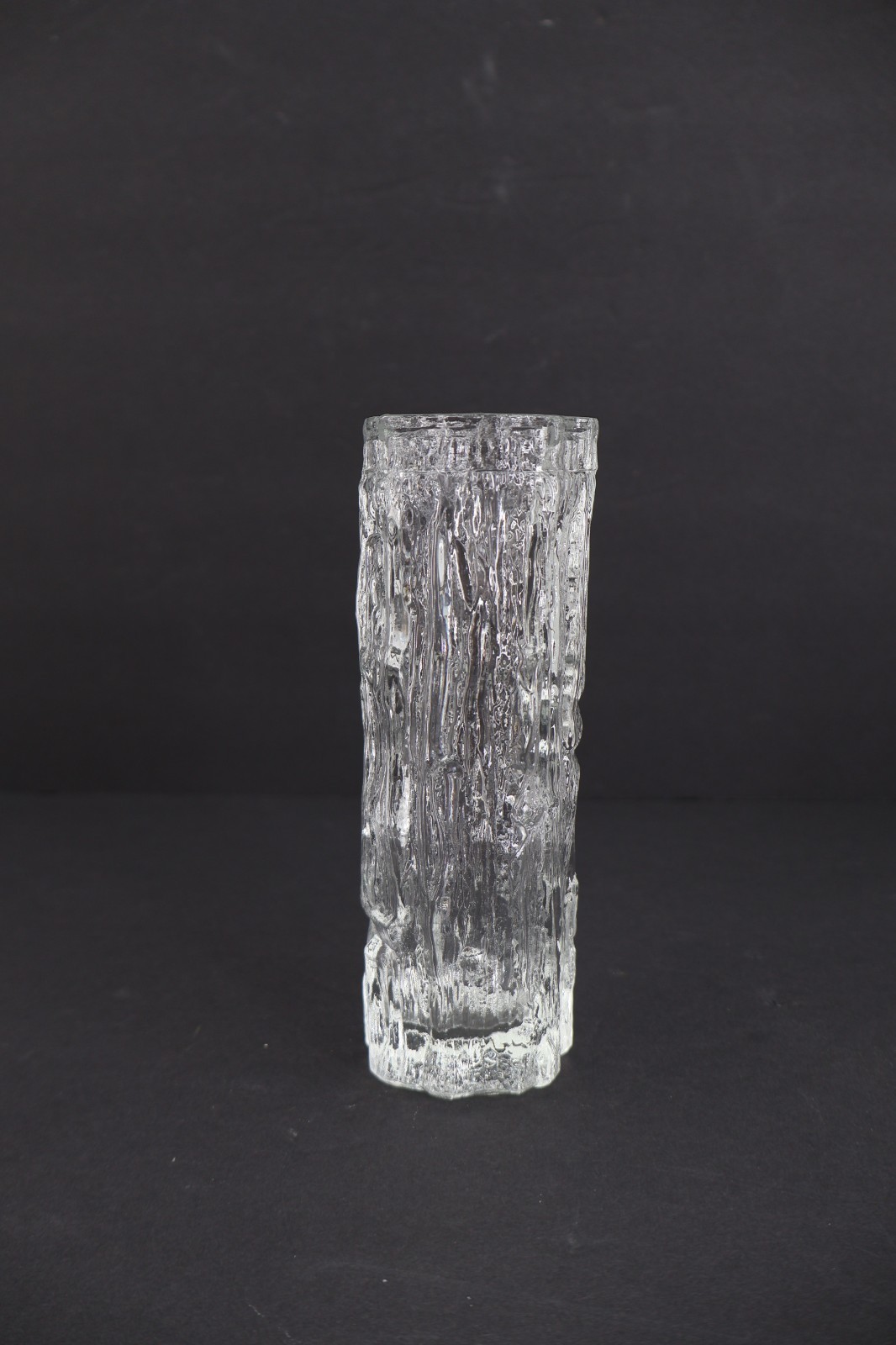 Ravenhead Bark Textured Clear Art Glass Cylinder Vase MCM British Ice Glass