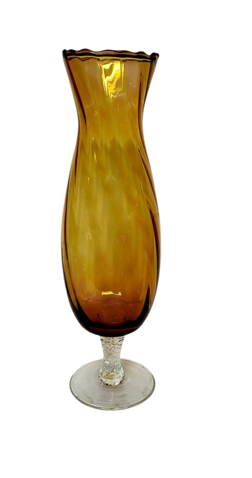 Amber & Clear Swirl Art Glass Footed Vase Decorative Scalloped Rim 10.5 in