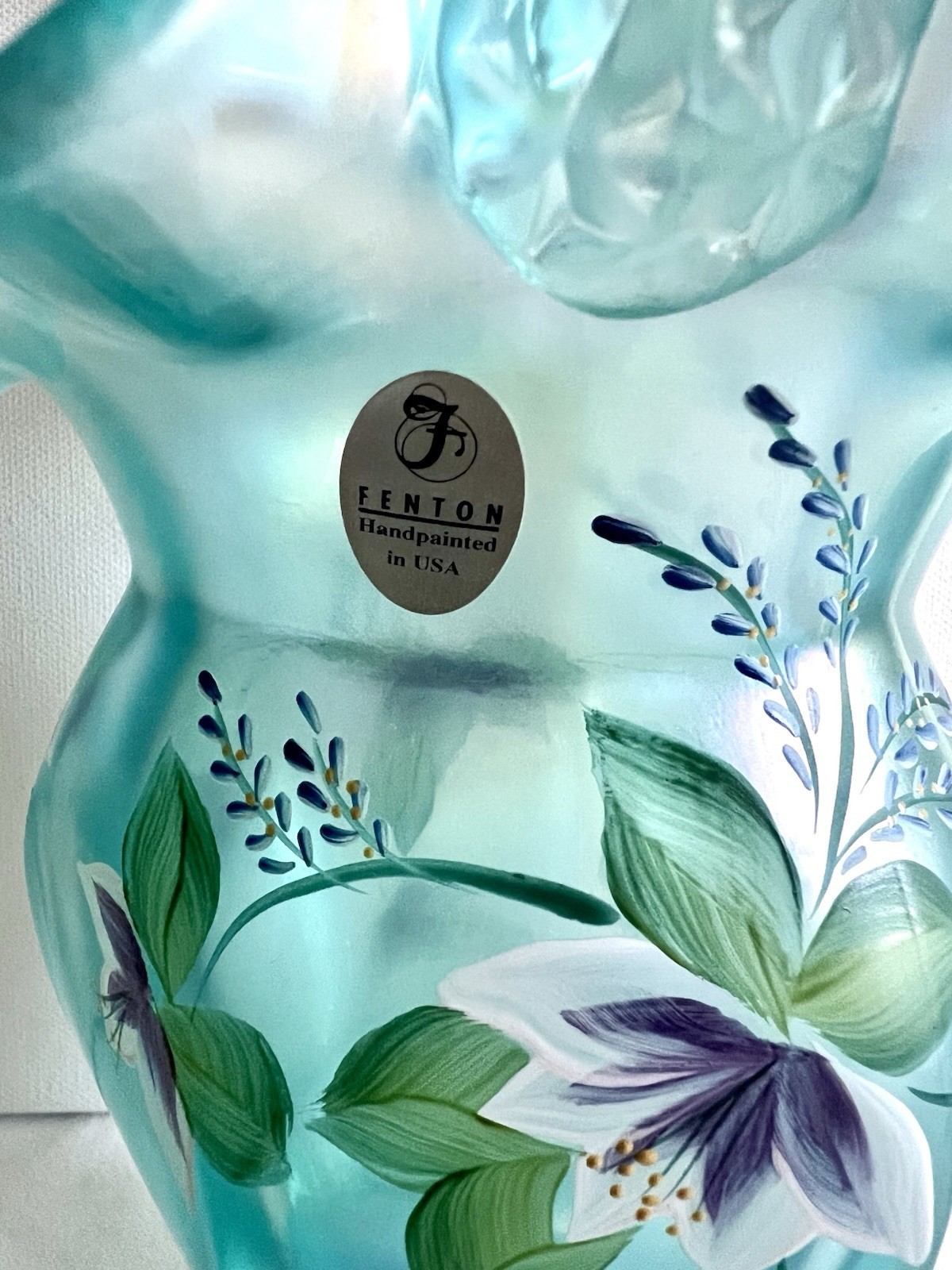 HTF Fenton 11″ Handpainted Aquamarine Stretch Glass Hexagon Basket – T. Neader