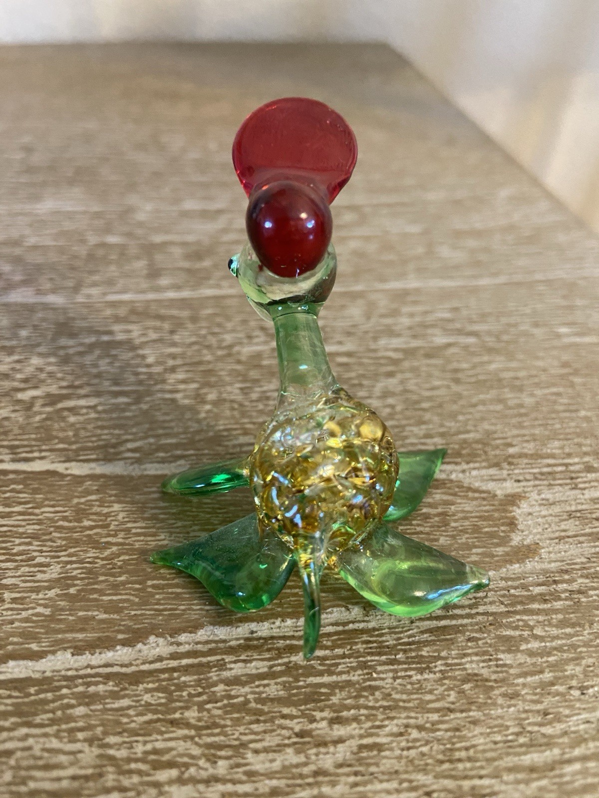 Hand Blown glass Green/yellow Turtle Wearing Baseball Cap 2” W X 1.5” T