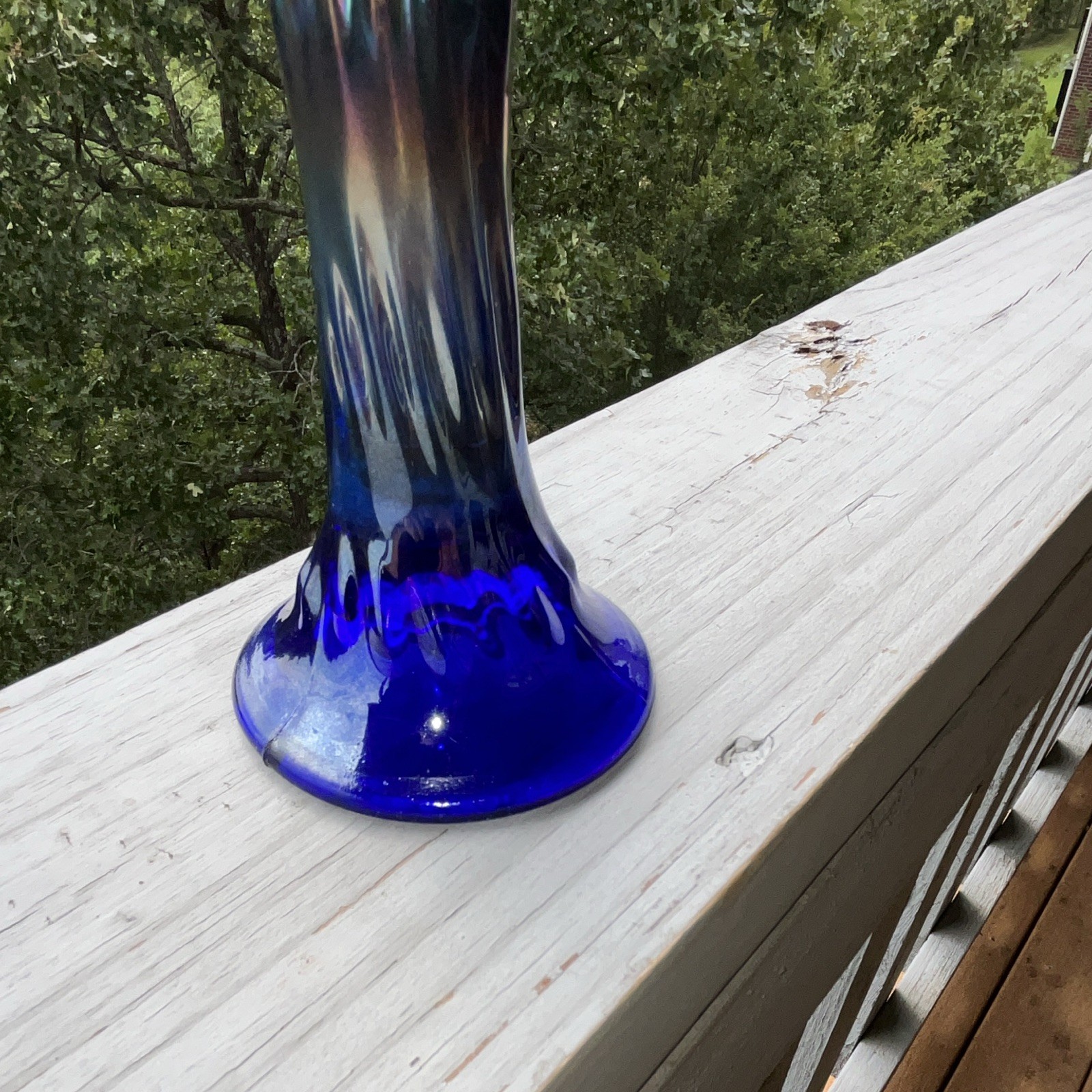 Fenton Carnival Glass hobnail swung base. Iridescent and cobalt blue.