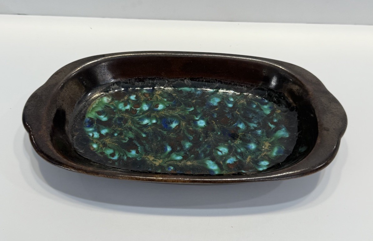 Mid Century Modern Green Brown Pottery Handmade Platter Glazed Retro 8″