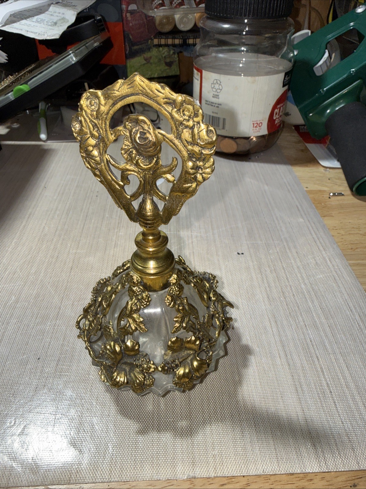 Old Glass Art Nouveau Perfume Bottle Gilt Brass Rose Pierced Stopper Filigree