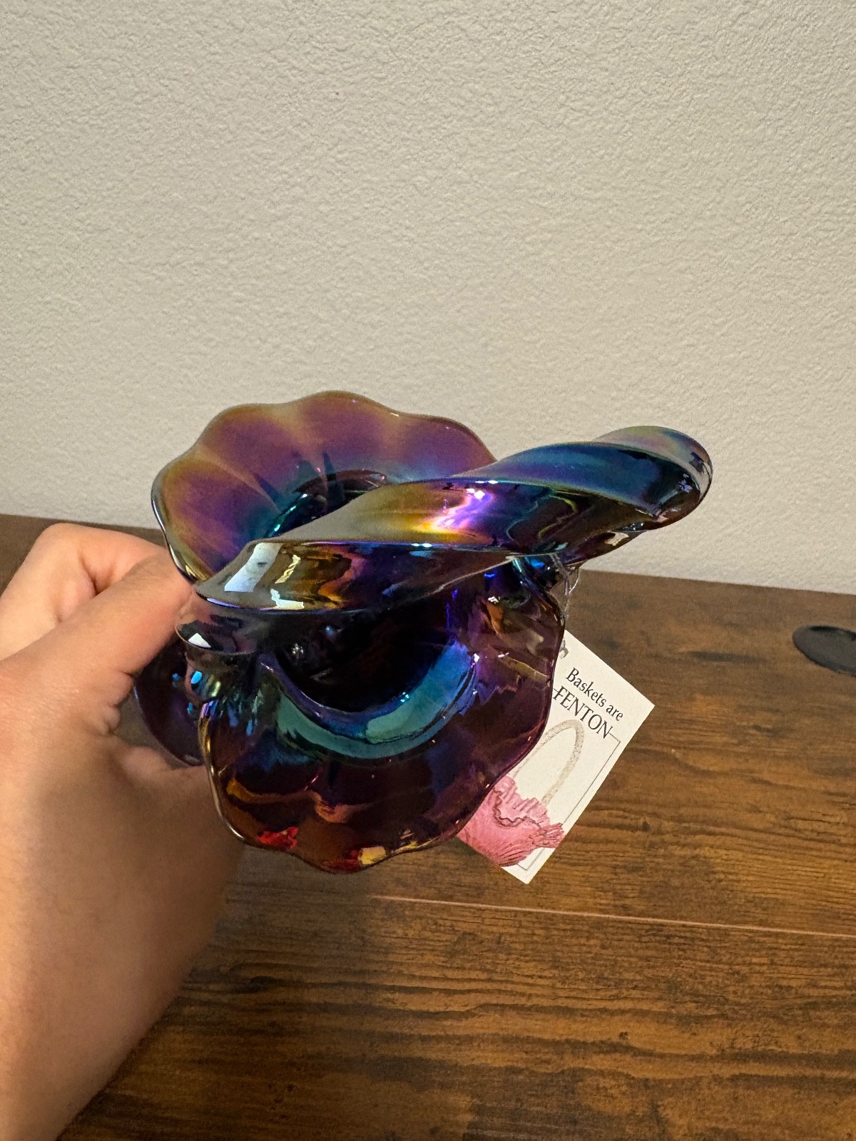 VTG Fenton Amethyst Carnival 8 7/8″H Diamond Point Art Glass Basket W/BOX