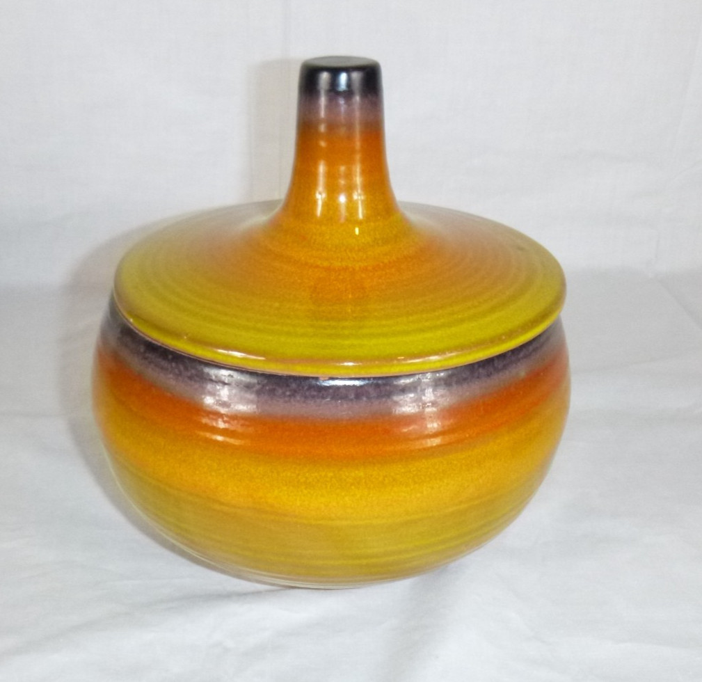 Vtg 60s Haeger Pottery Orb Jar & Lid 9H Sunrise Crackle Glaze Orange Yellow 7.5″