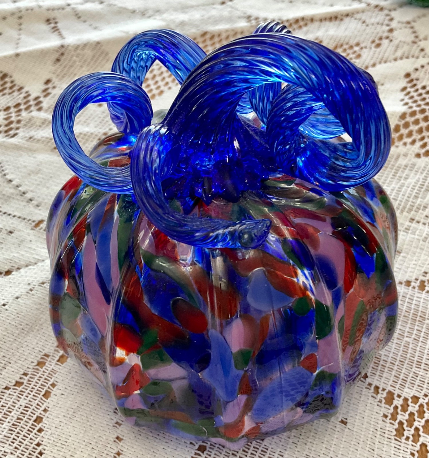Cobalt Blue Hand Blown Art Glass Multicolored Confetti Spotted Pumpkin