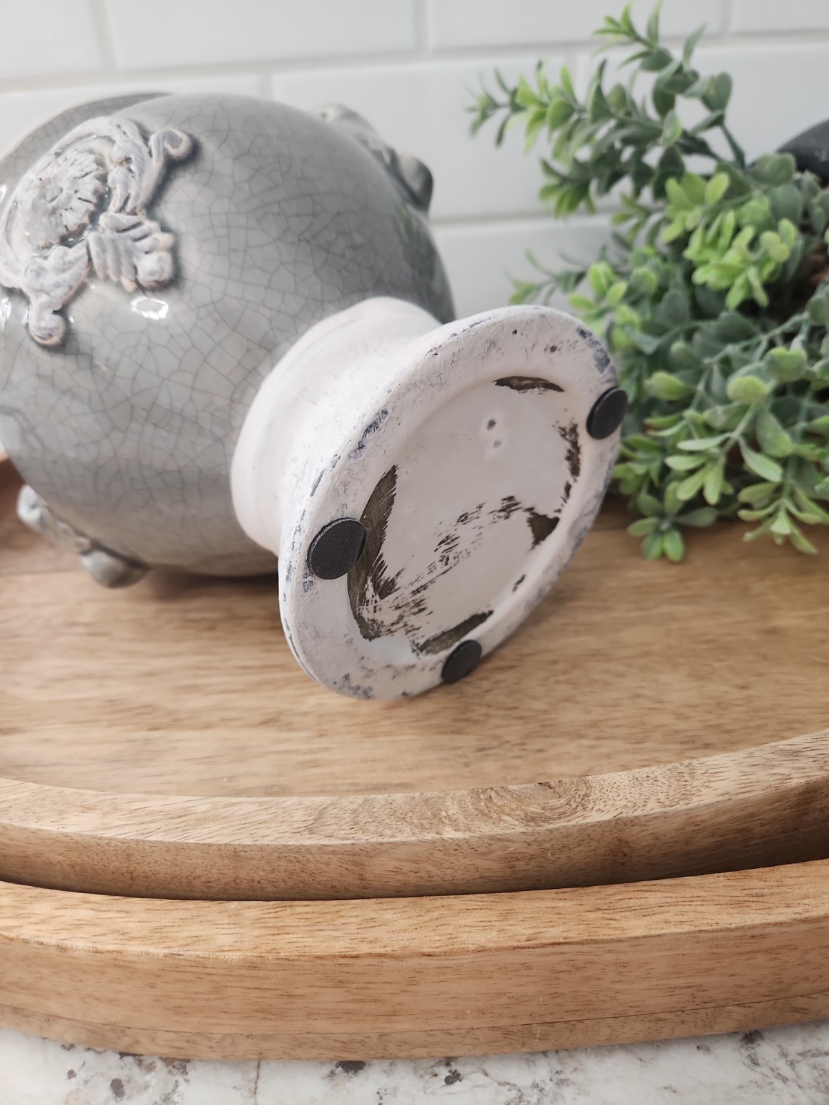 Grey Crackle Glaze Ceramic Urn Decorative Vase with Medallion Handle Home Decor