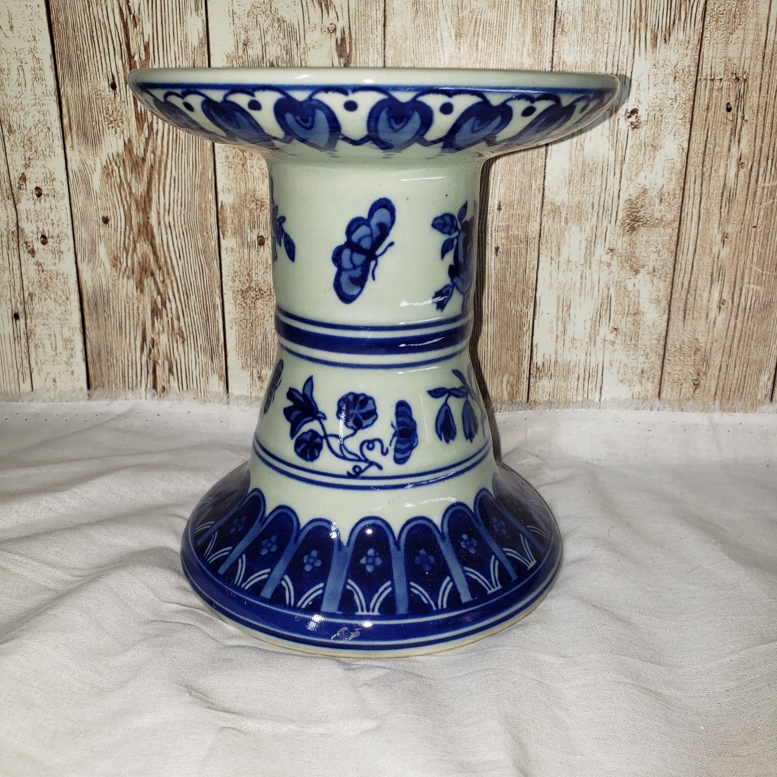 Ceramic candleholder floral, blue & “Light Mint” Chinoiserie style, Rare Color