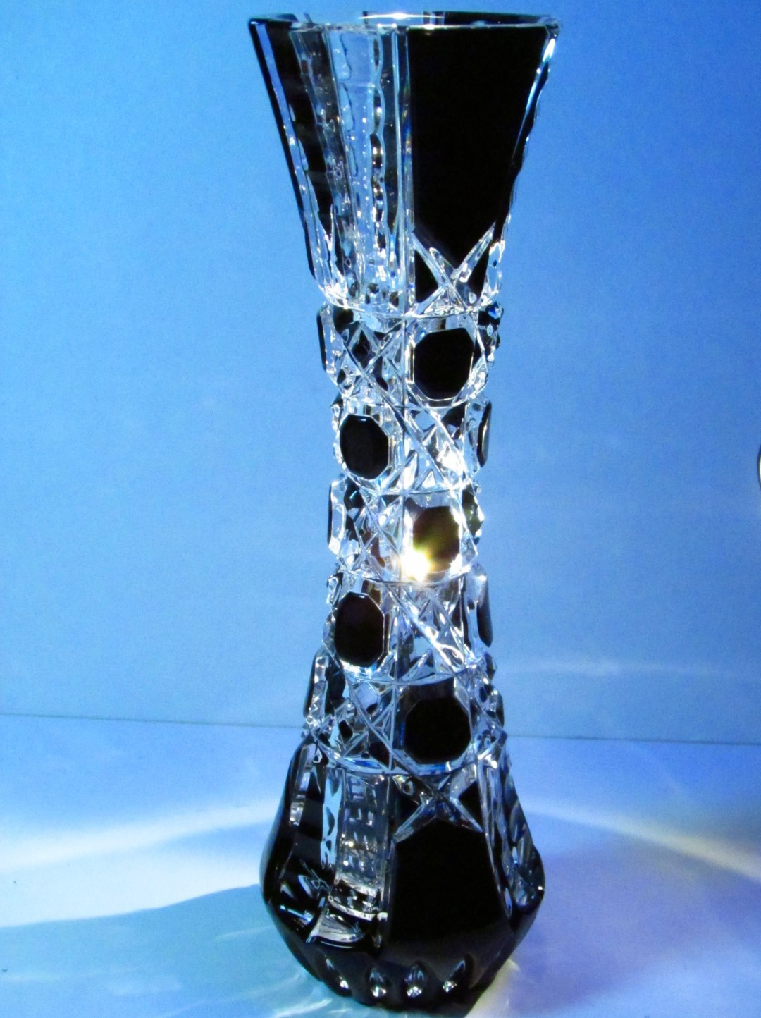 CAESAR CRYSTAL Black Vase Hand Cut to Clear Overlay Czech Bohemia Cased