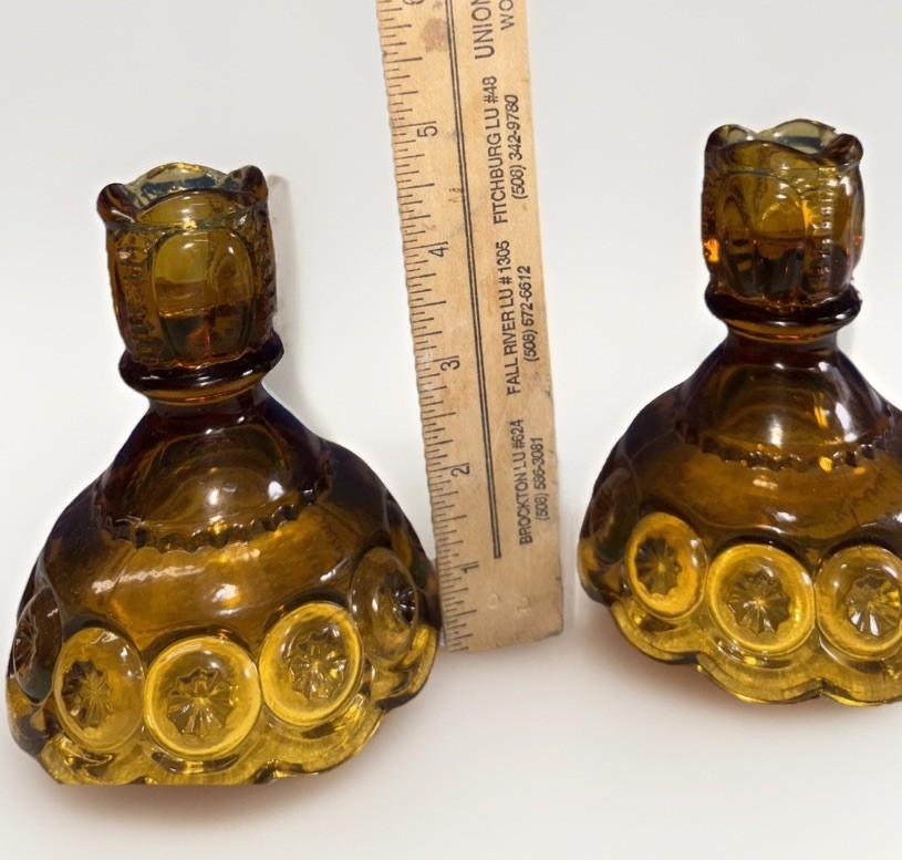 VTG L. E. Smith Moon & Stars Amber Glass Candlesticks 5″. + Crust & Stopper