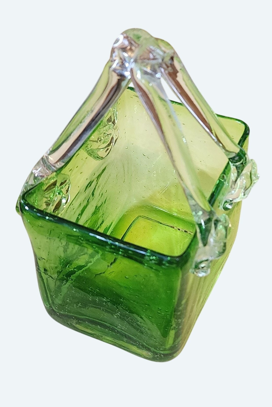 Vtg Handmade Green Glass Rectangle Basket Vase With Clear Decorative Handles